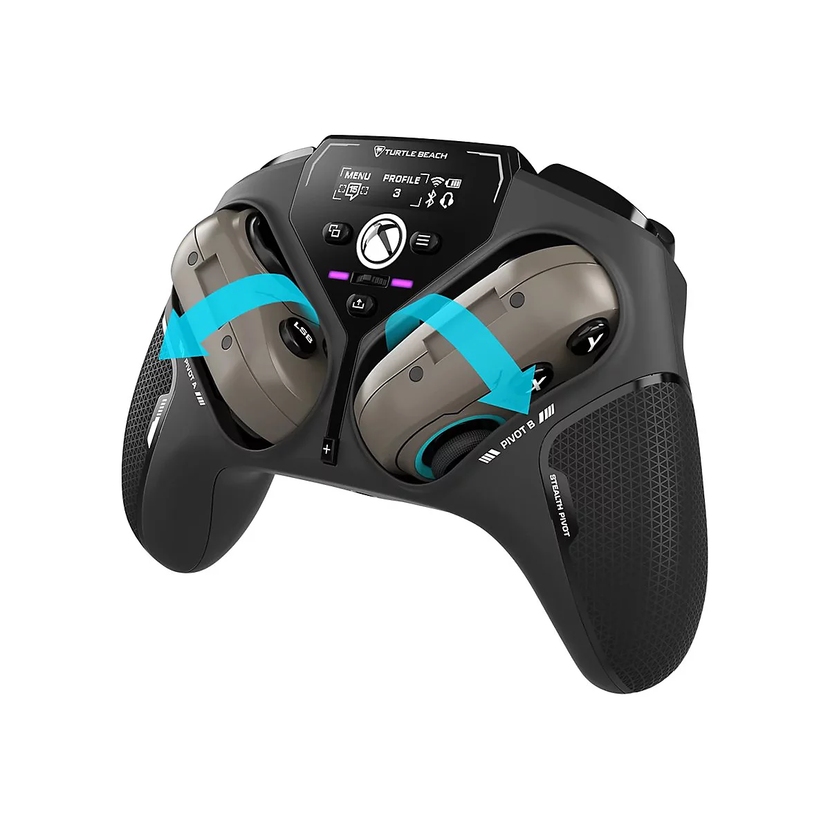 Schwarzer Xbox-Controller mit drehbaren Paddles und blauen Pfeilen, die die Rotationsrichtung anzeigen. Text: Turtle Beach, Xbox, Stealth Pivot.