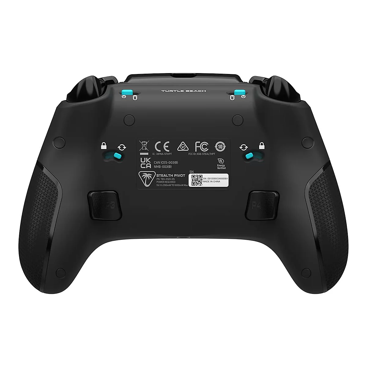 Schwarzer Gamecontroller mit blauen Akzenten, Knöpfen und Text, der auf dem Produkt abgebildet ist.