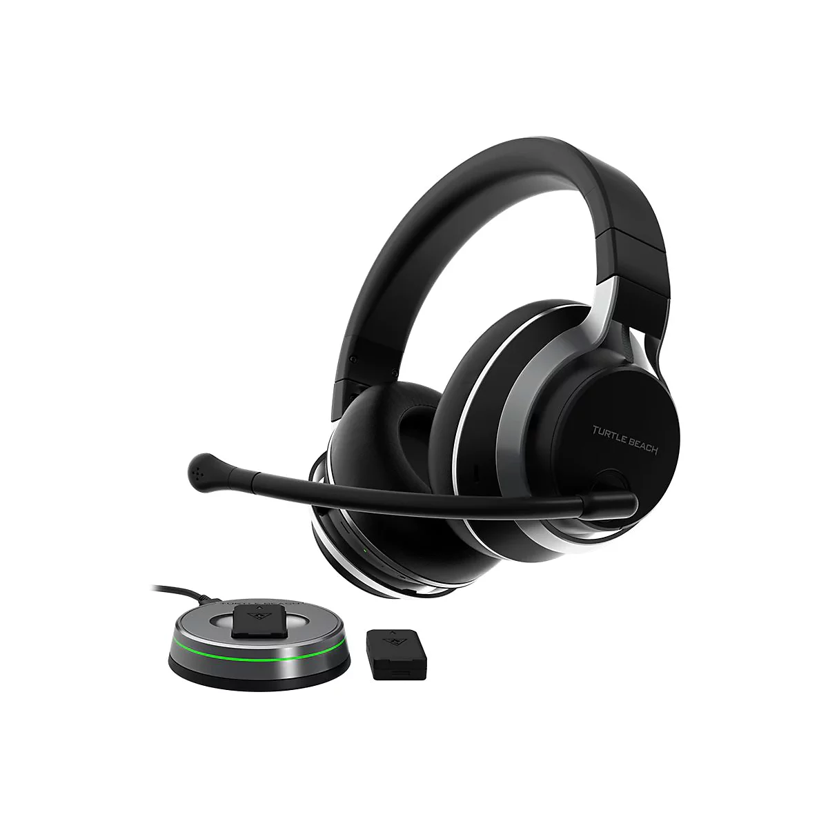 Schwarzes Headset mit Mikrofon, daneben eine Ladestation und ein EmpfÃ¤nger, alles vor weiÃŸem Hintergrund.