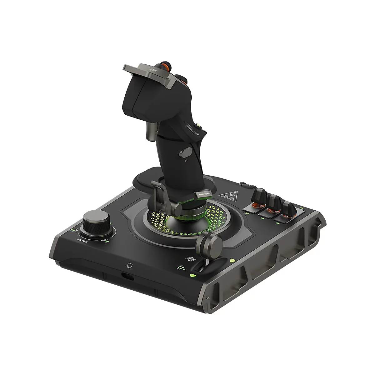 Joystick noir avec boutons et commandes. Étiquette "BRAKE".