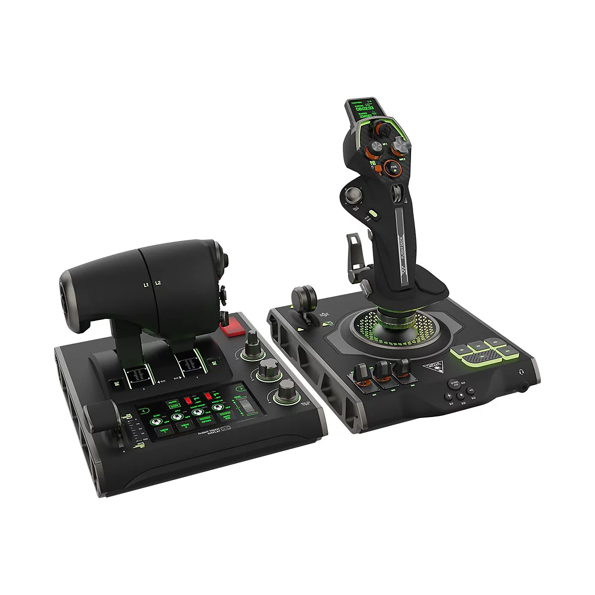 Système de contrôle de vol noir avec éléments de commande et joystick.