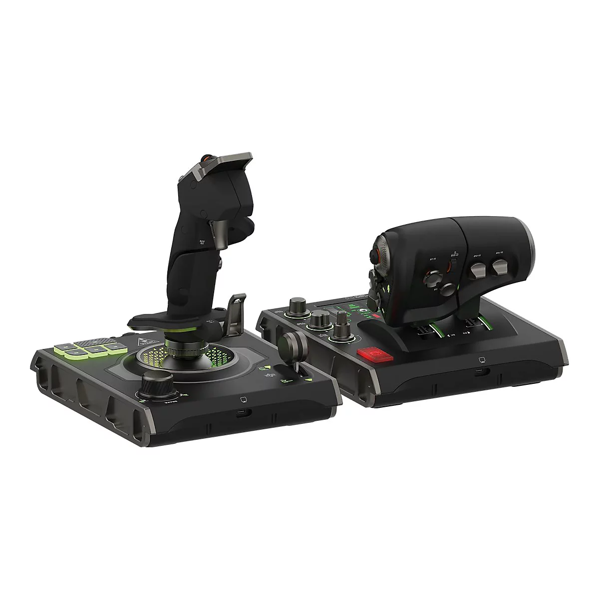 Ensemble de contrôle de jeu noir avec joystick et manette des gaz. Éléments éclairés en vert et accents argentés.