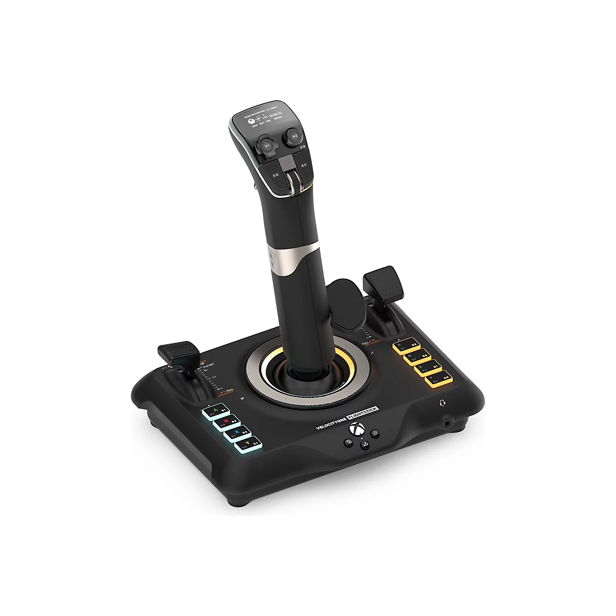 Ein schwarzer Flightstick, mit Bedienelementen und Knöpfen, steht auf weißem Hintergrund.
