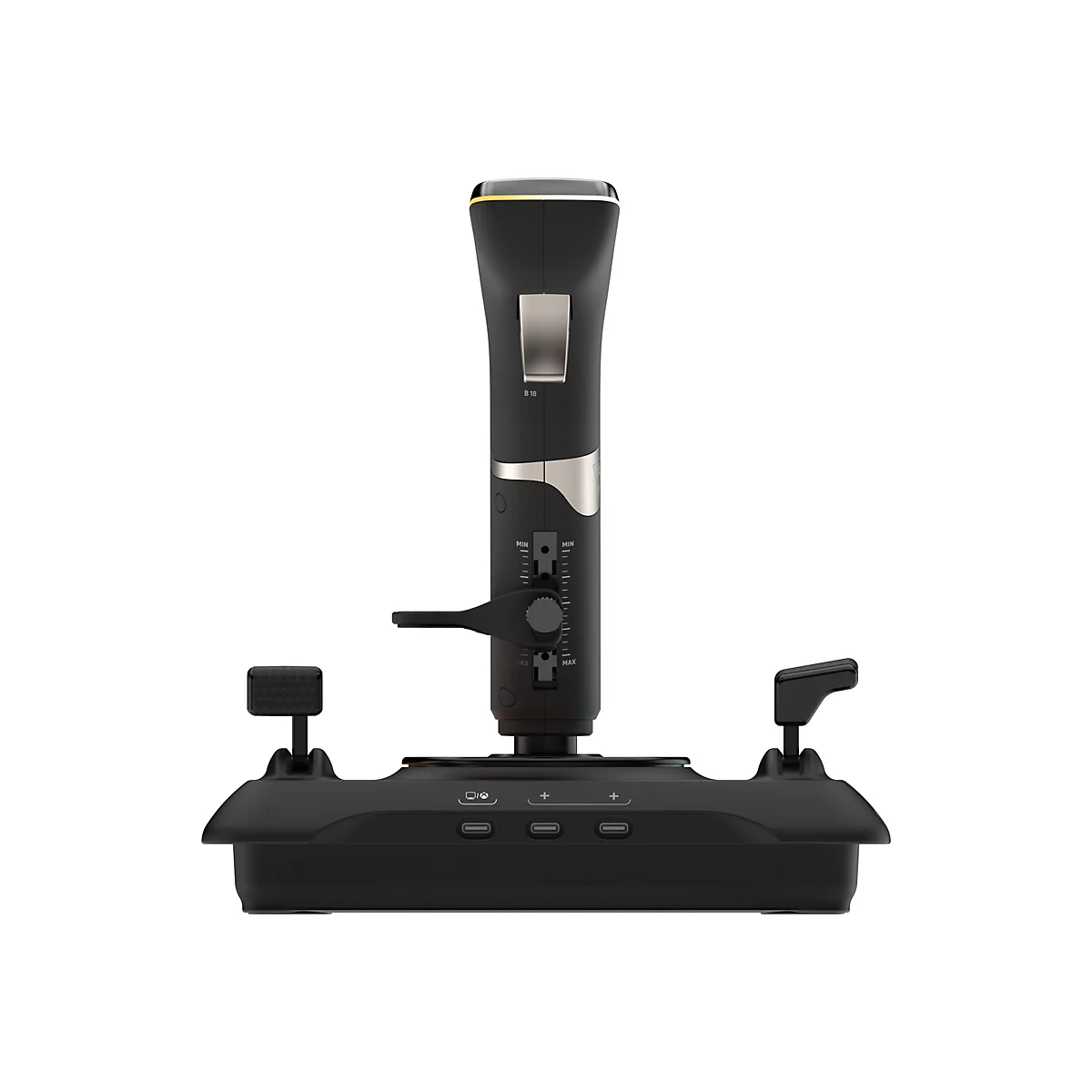 Schwarzer Joystick mit silbernen und goldenen Akzenten. Er hat Knöpfe, Hebel und eine Basis mit weiteren Bedienelementen.