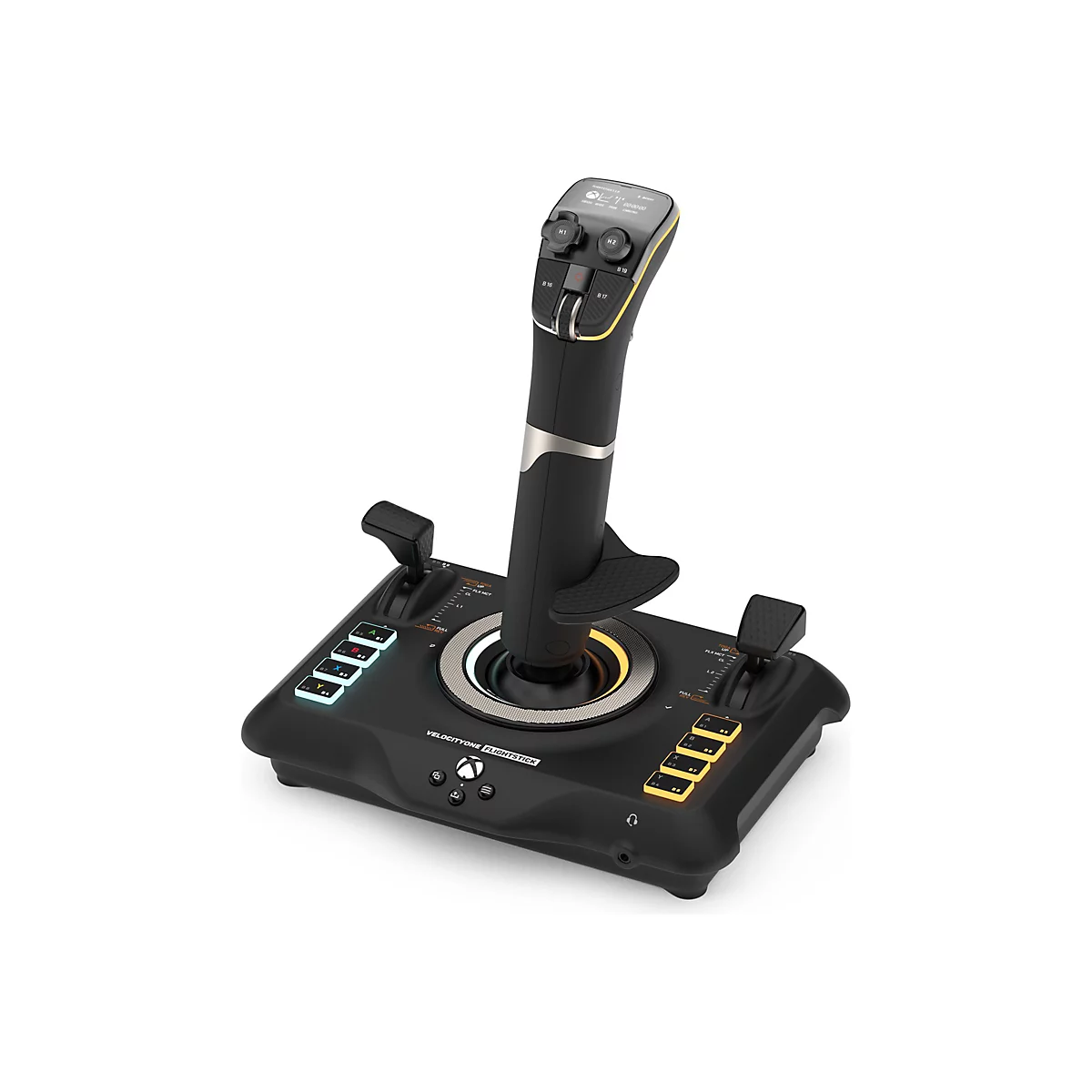 Un joystick noir pour les jeux vidéo. Il y a plusieurs boutons et interrupteurs sur la base, le design est futuriste.