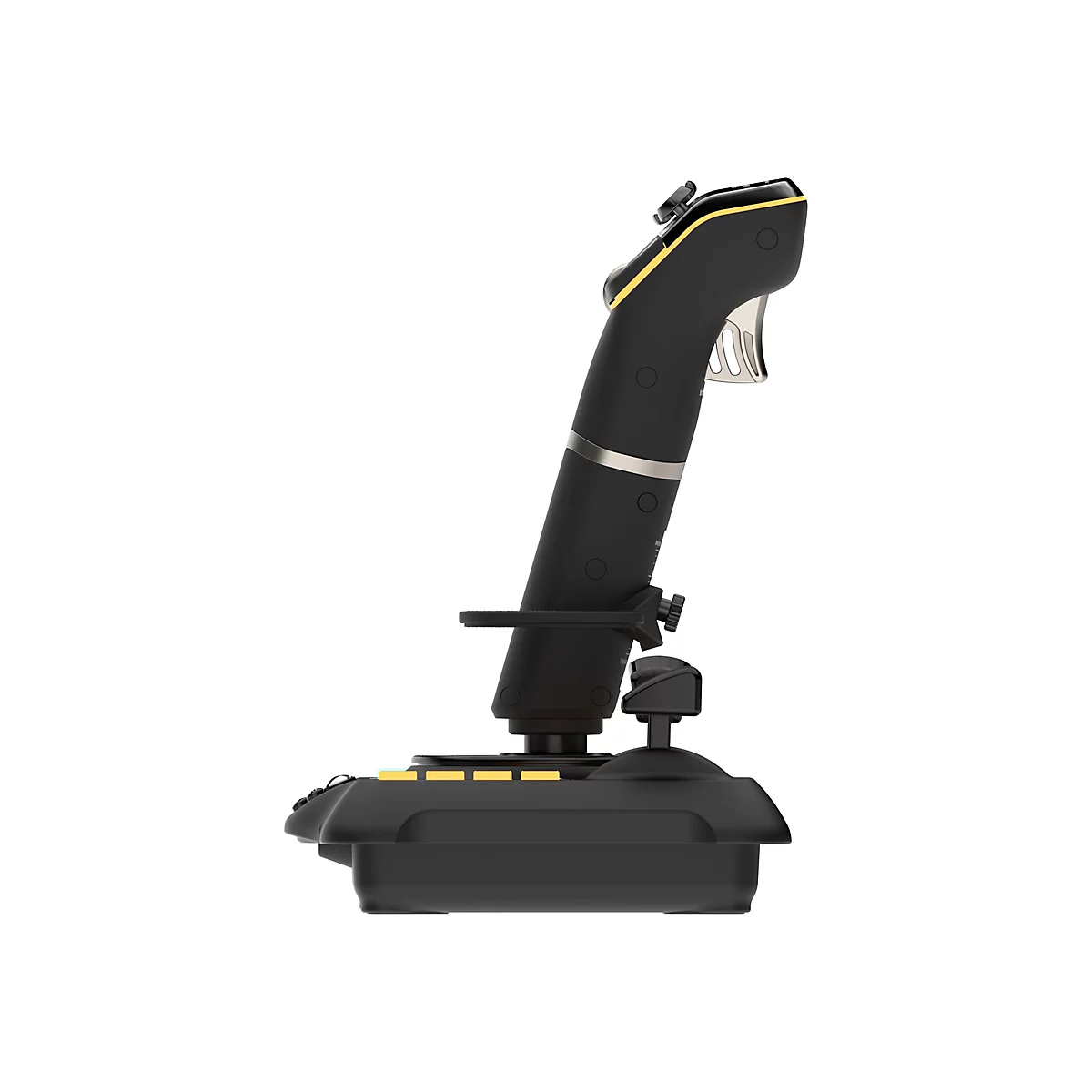 Manche de commande noire avec des accents jaunes, une gâchette argentée et divers boutons. Le joystick est isolé sur un fond blanc.