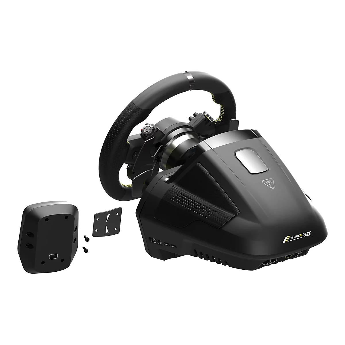 Schwarzes Lenkrad mit gelben Nähten und Perforationen. Das VelocityOne Race Wheel ist auf weißem Grund abgebildet. Eine separate Konsole und Halterung sind ebenfalls zu sehen.