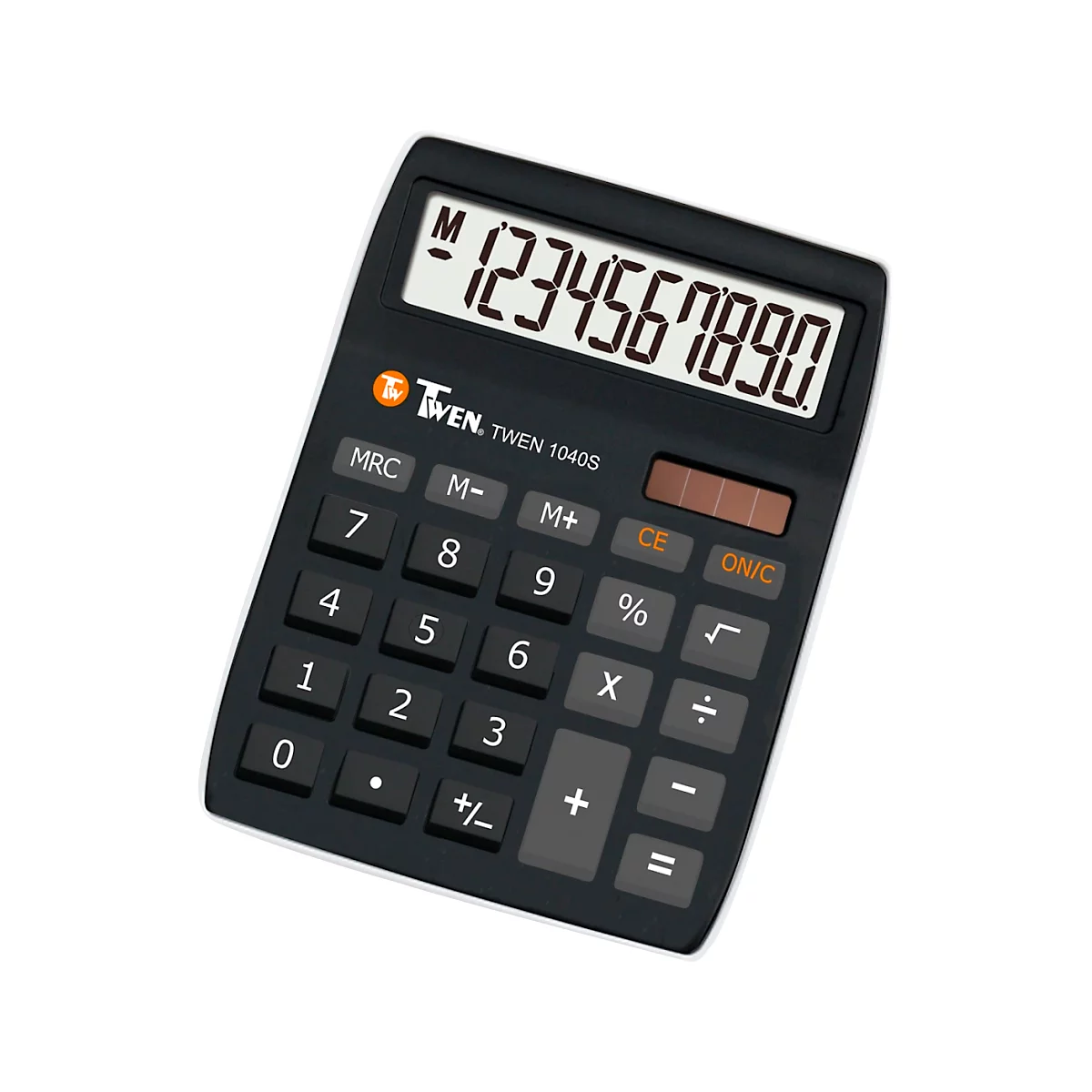 Schwarzer Taschenrechner mit Display, Tasten, Ziffern. Auf dem Display steht '1234567890'. Aufschrift: 'TWEN 1040S'.