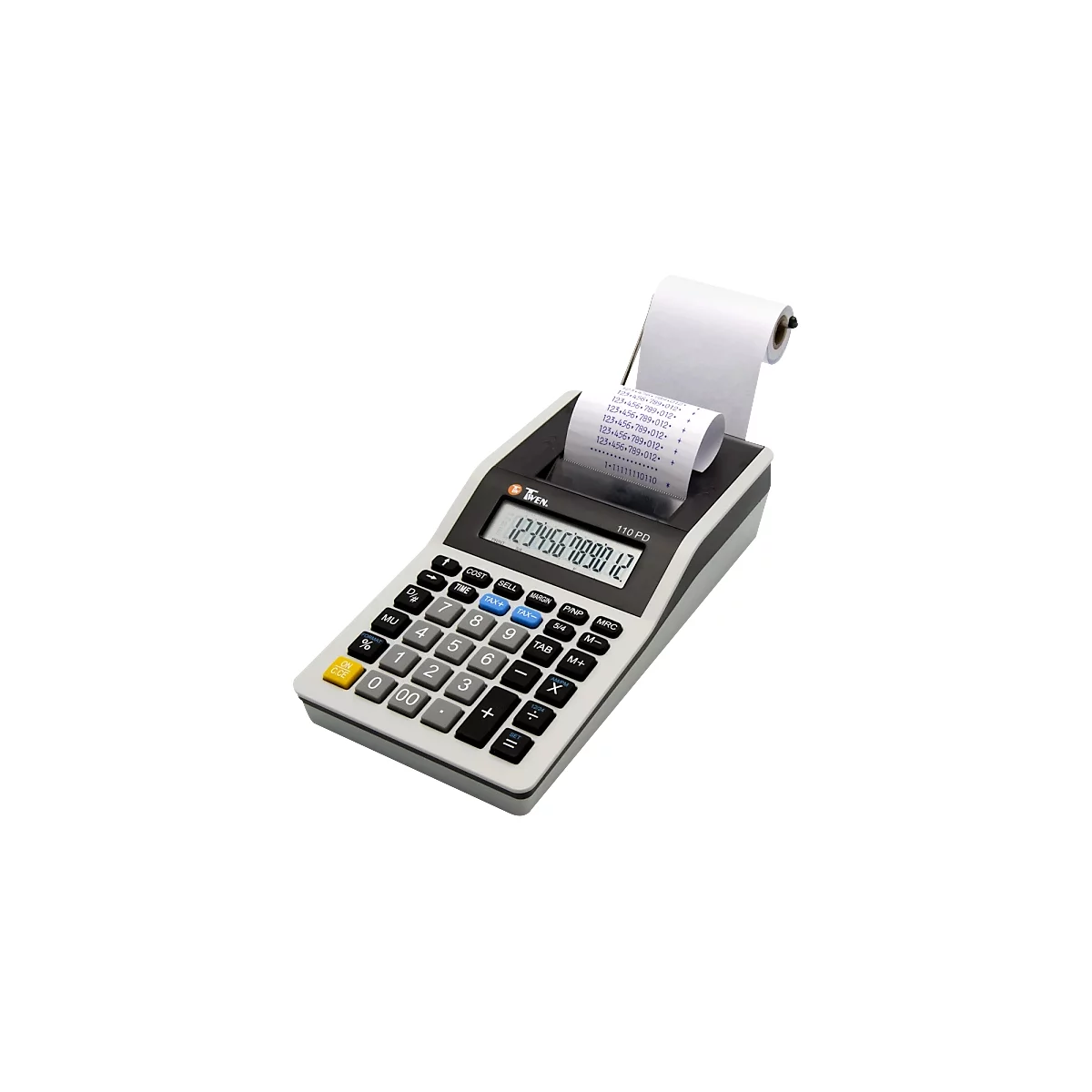 Ein grauer Taschenrechner mit Papierrolle und digitaler Anzeige. Die Anzeige zeigt die Zahlen 123456789012.