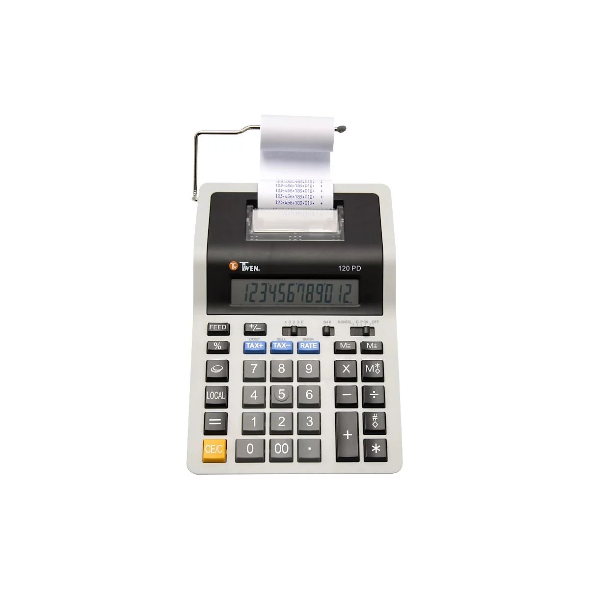 Grauer Taschenrechner mit Papierrolle und Anzeigen. Auf der Anzeige steht 123456789012. Ein Papierausdruck ist zu sehen. Auf den Knöpfen stehen Tax+, Tax-, Rate.