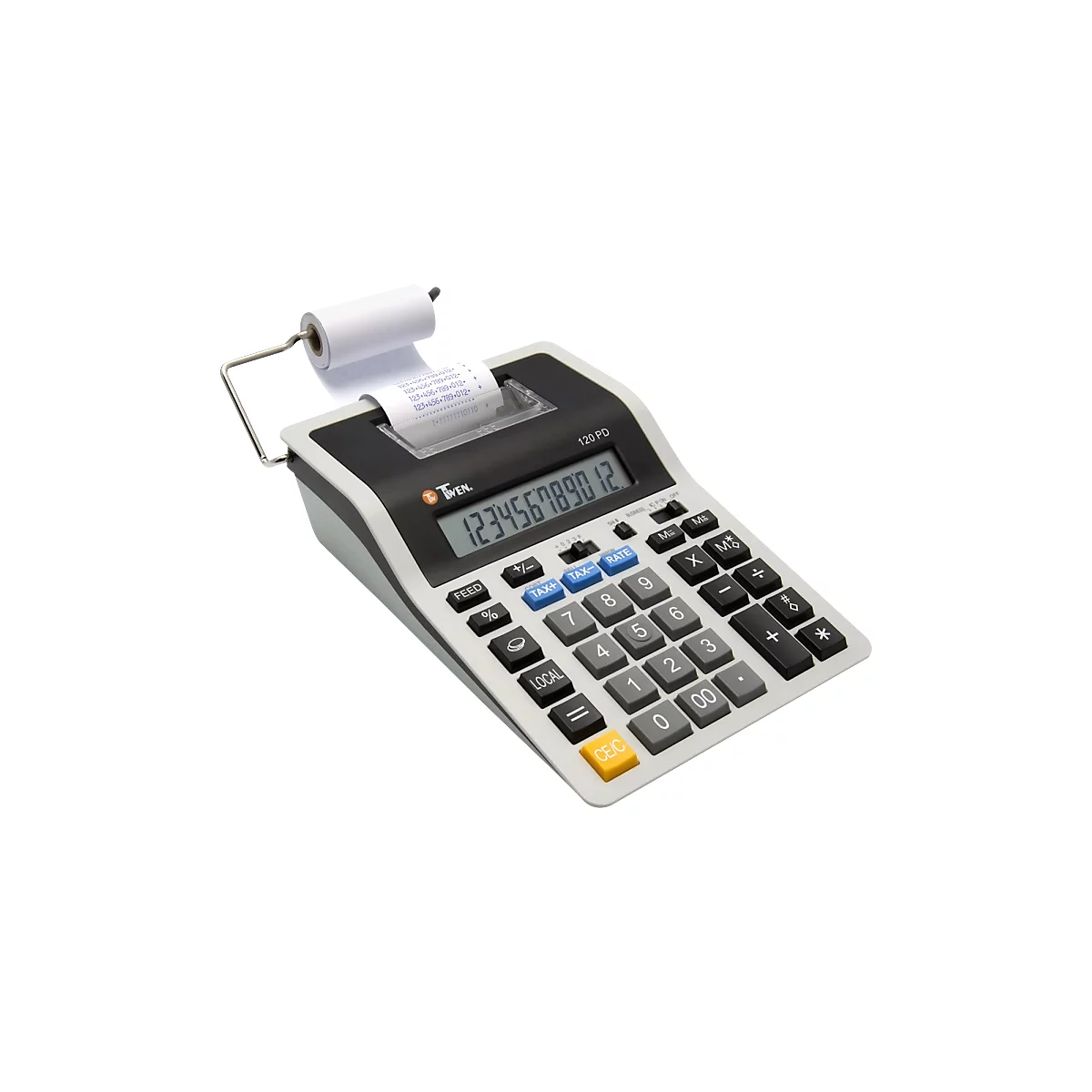 Ein grauer Taschenrechner mit Papierrolle, Display mit Zahlen, viele Tasten.