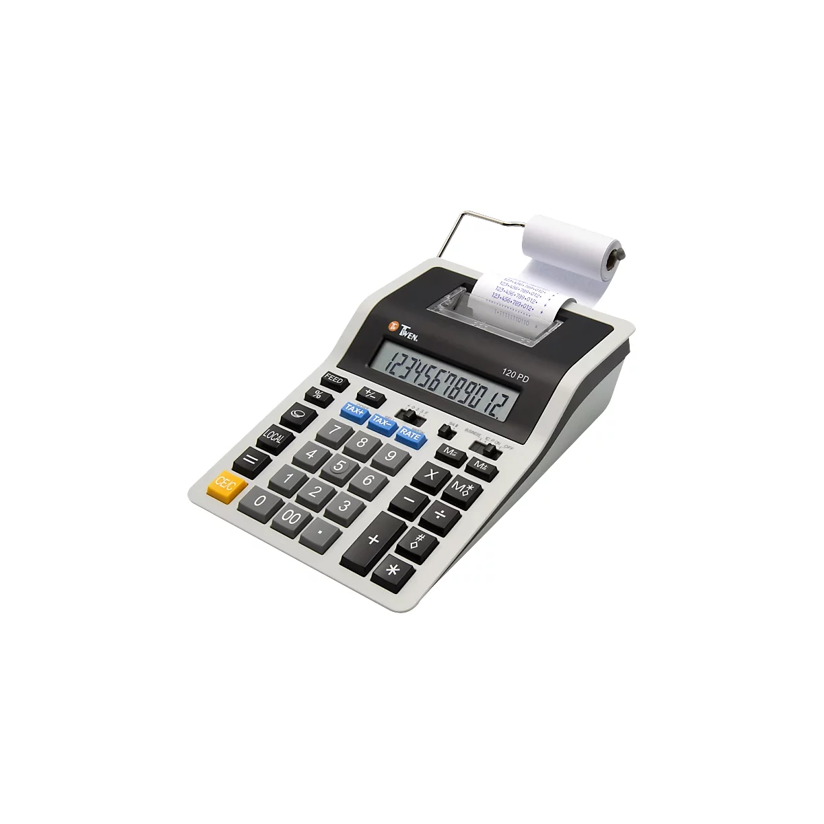 Ein grauer Taschenrechner mit Drucker, Zahleneingabe auf dem Display. Aufgedruckte Zahlen auf Papier. Tasten mit Beschriftungen.