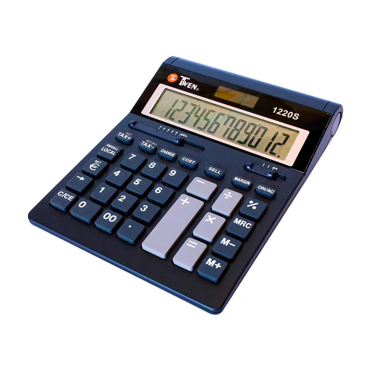 Ein schwarzer Taschenrechner mit Display, auf dem die Zahlen 123456789012. angezeigt werden. Auf der Tastatur sind Zahlen und Funktionstasten zu sehen.