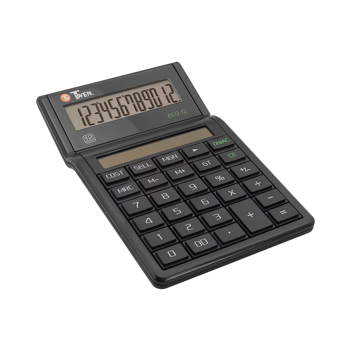 Black calculator with number display, numbers from 1 to 12. Buttons with functions.