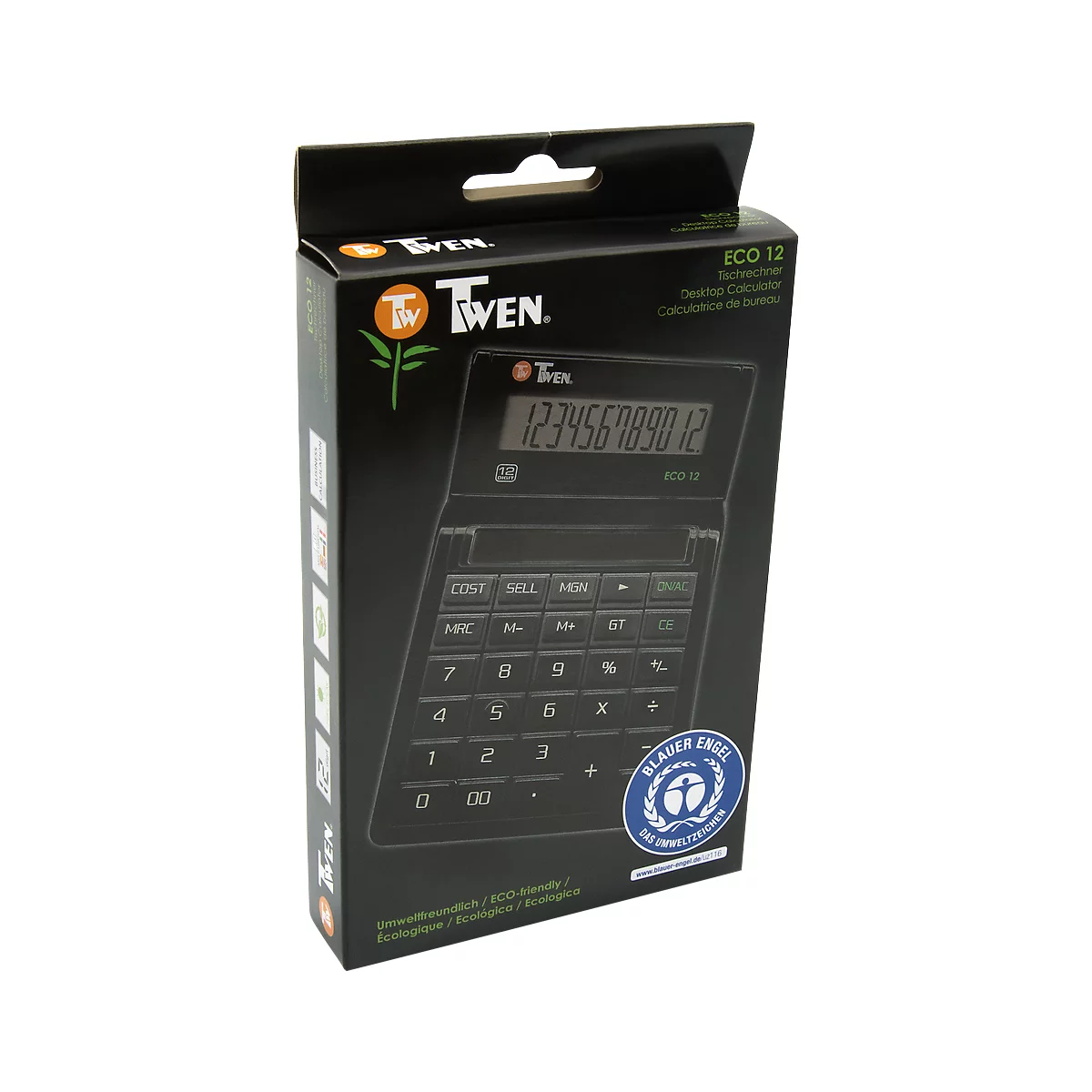 Black calculator in packaging. The display shows "123456789012". Prints: "TWEN", "BLAUER ENGEL".