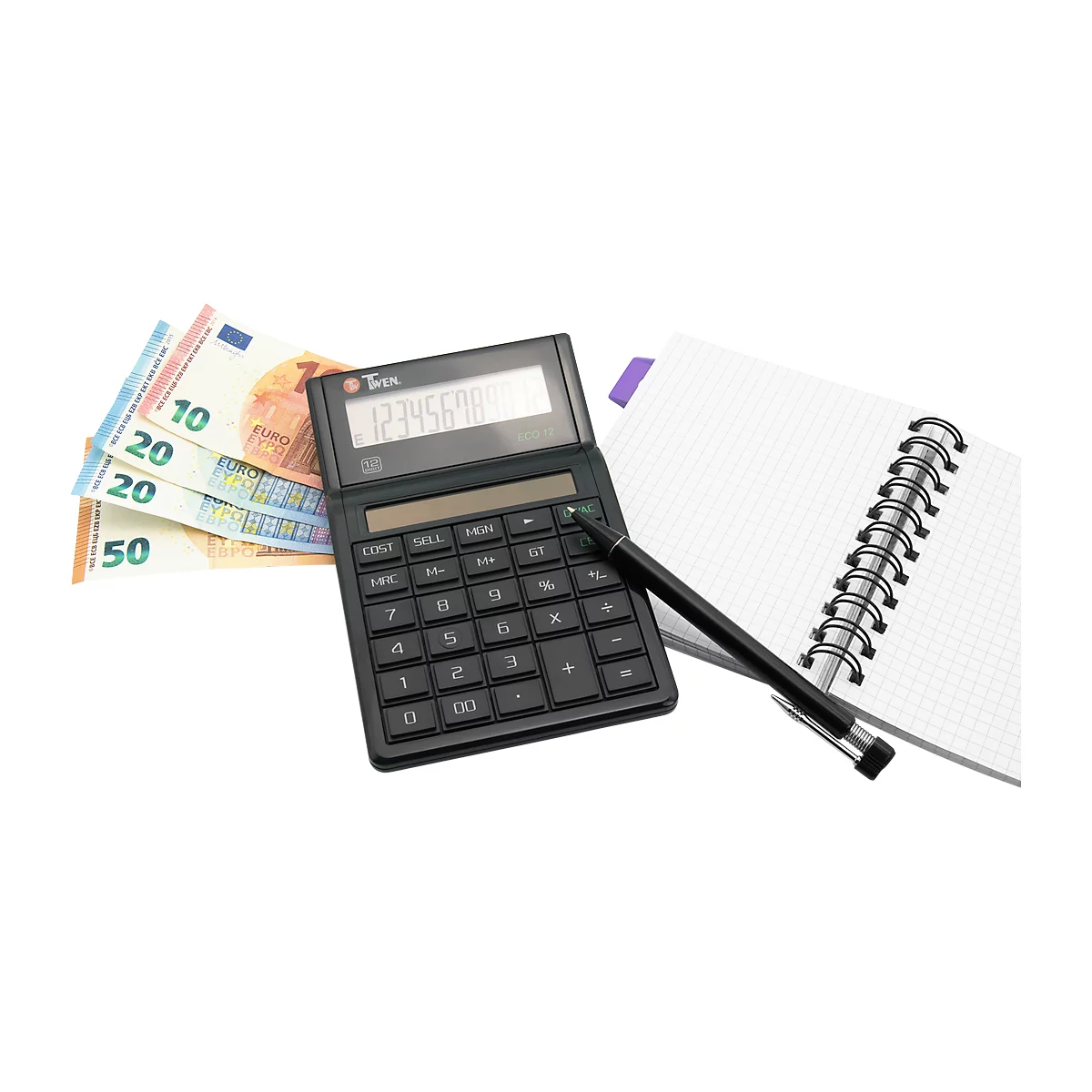 Calculator with numbers on display, pen, notepad, and banknotes on a white background.