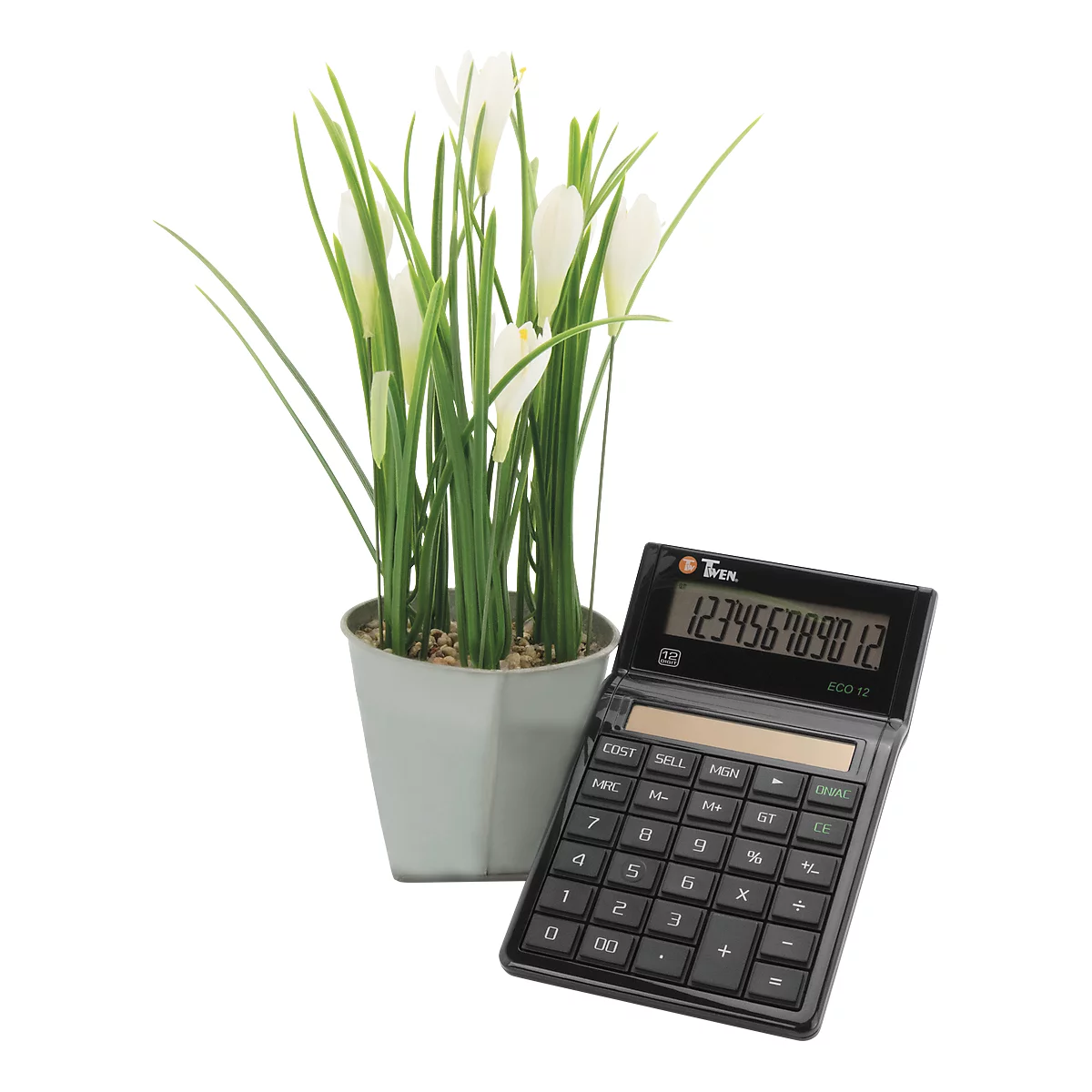 Black calculator and potted plant with white flowers on a white background.