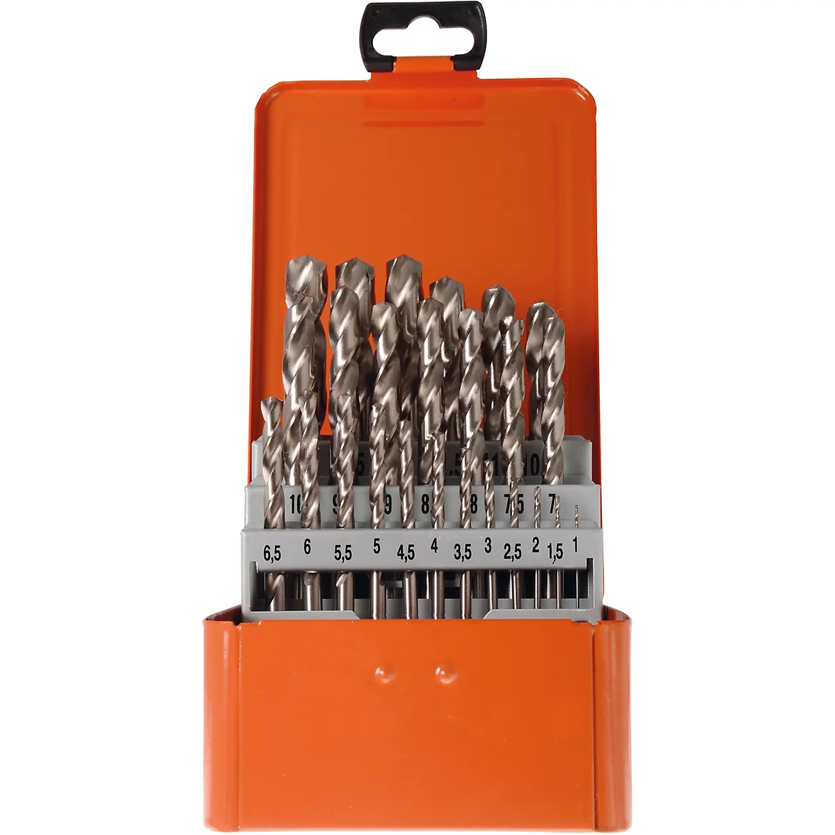 A drill bit box containing various drill bits in an orange box. The sizes of the drill bits are indicated on the box.