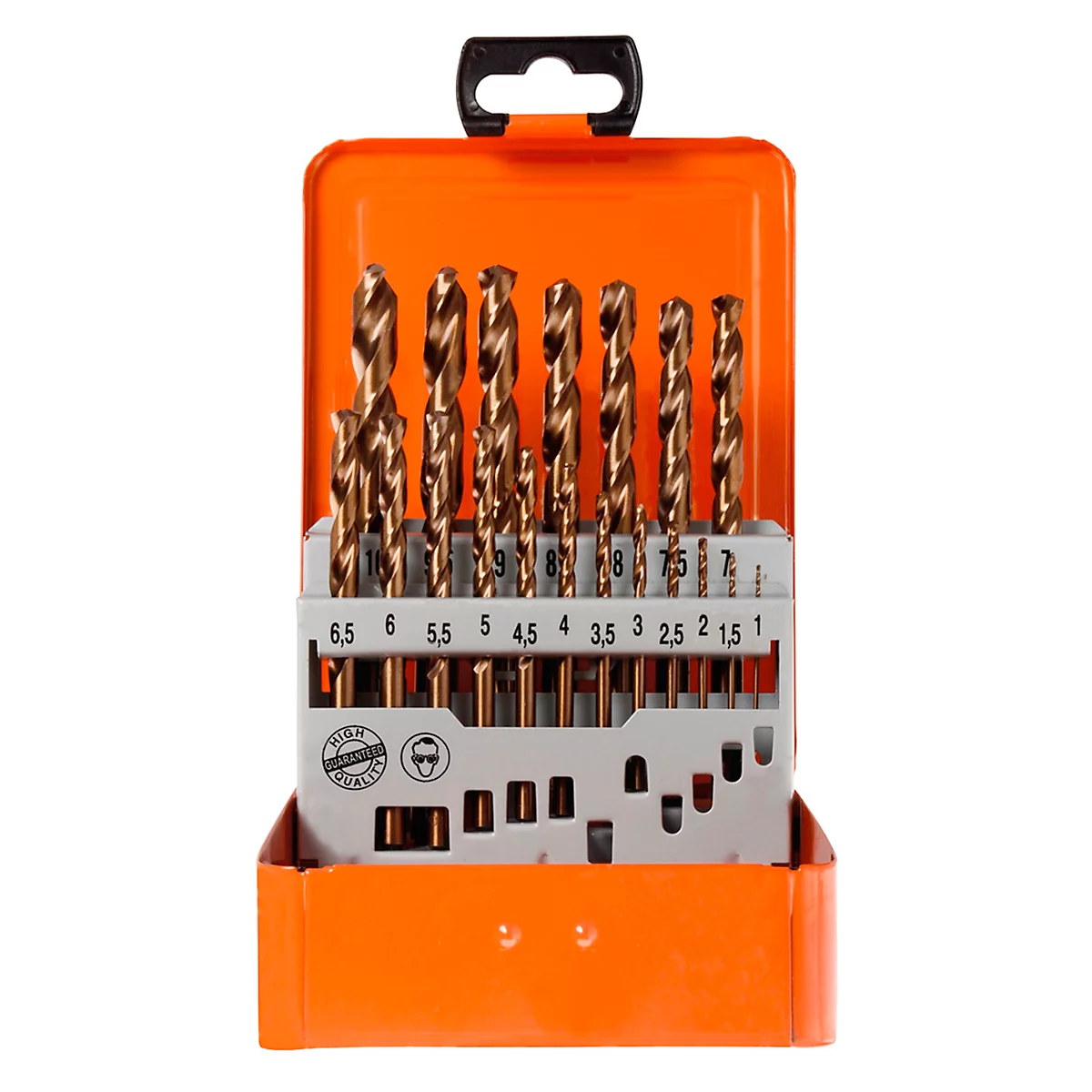 Orange metal box with drill bit set. The drill bits are arranged and labeled in various sizes.