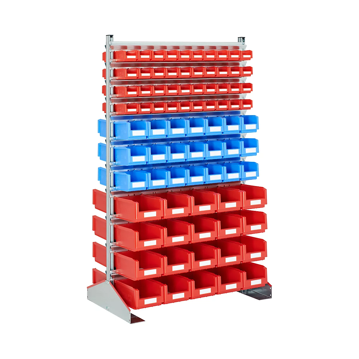 A shelf with red and blue storage boxes.