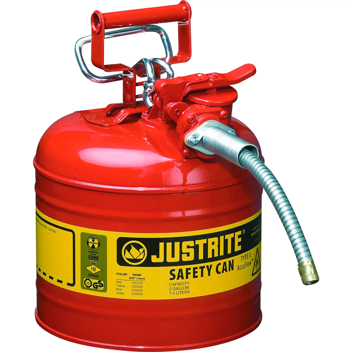 Red safety can with handle, spout, and yellow label with text.