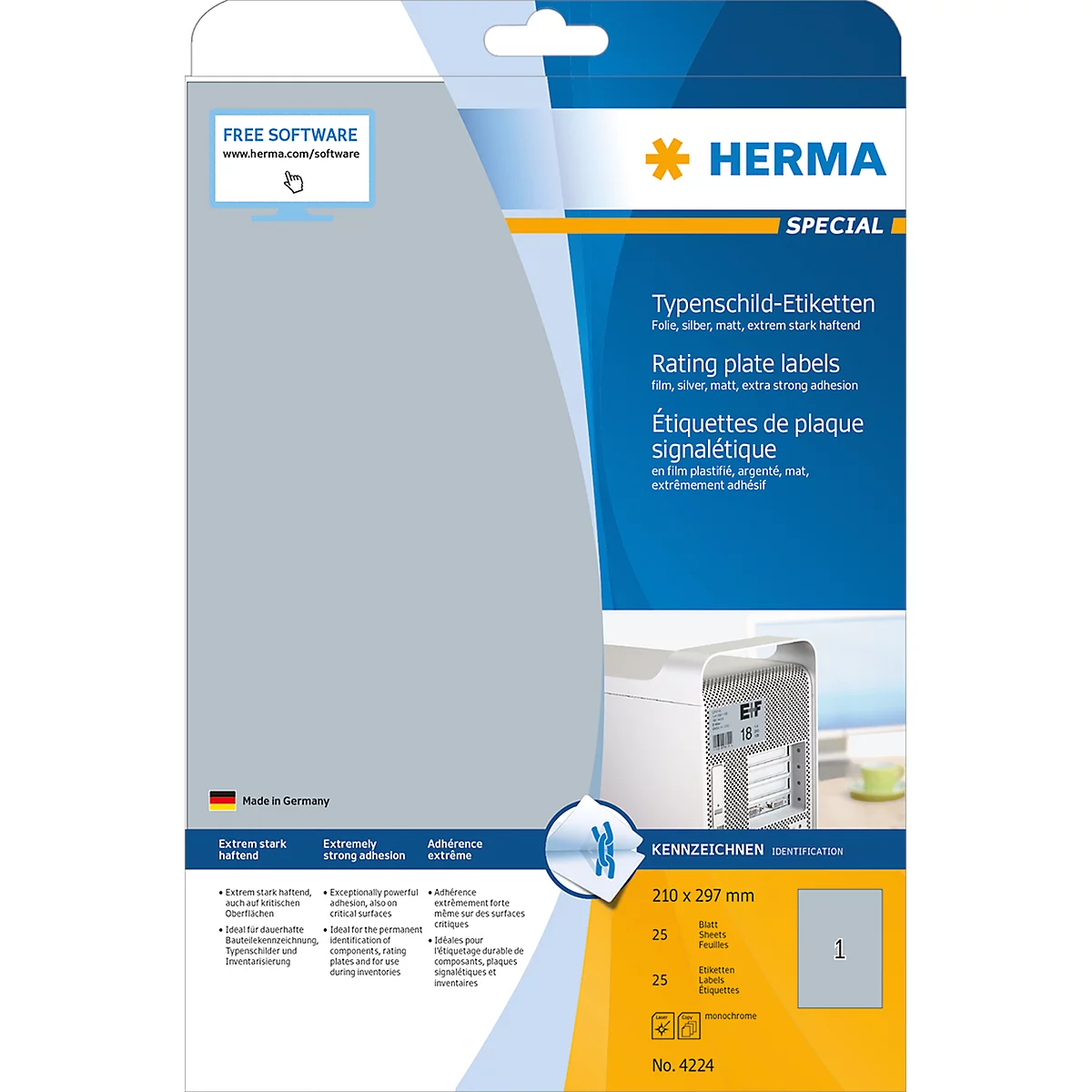 Typeplaatje-etiketten Herma, A4, 210 x 297 mm, zelfklevend en weerbestendig, zilver, 25 stuks