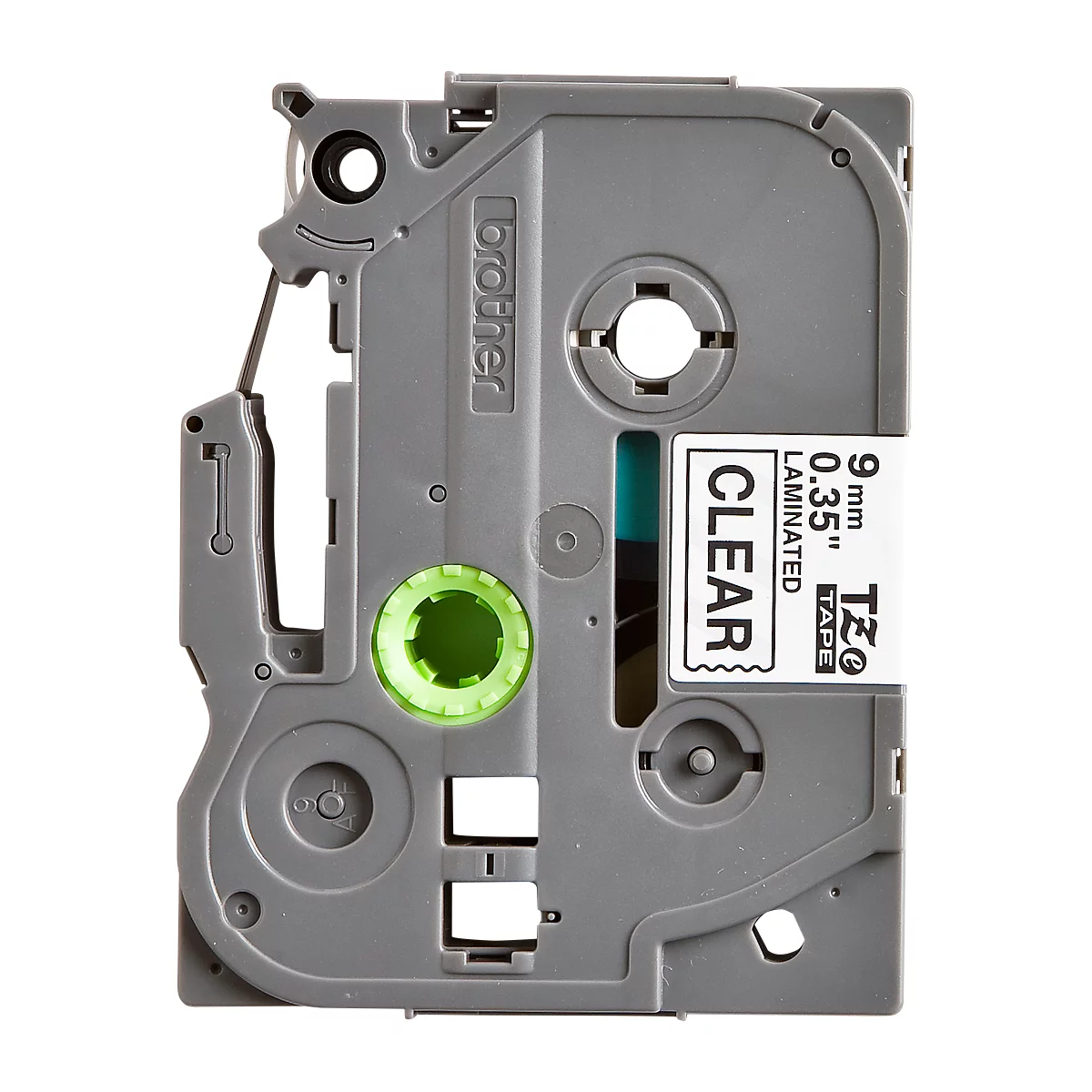 A clear label cartridge with 'CLEAR' and '9mm 0.35"' printed on it. The Brother logo is also visible.