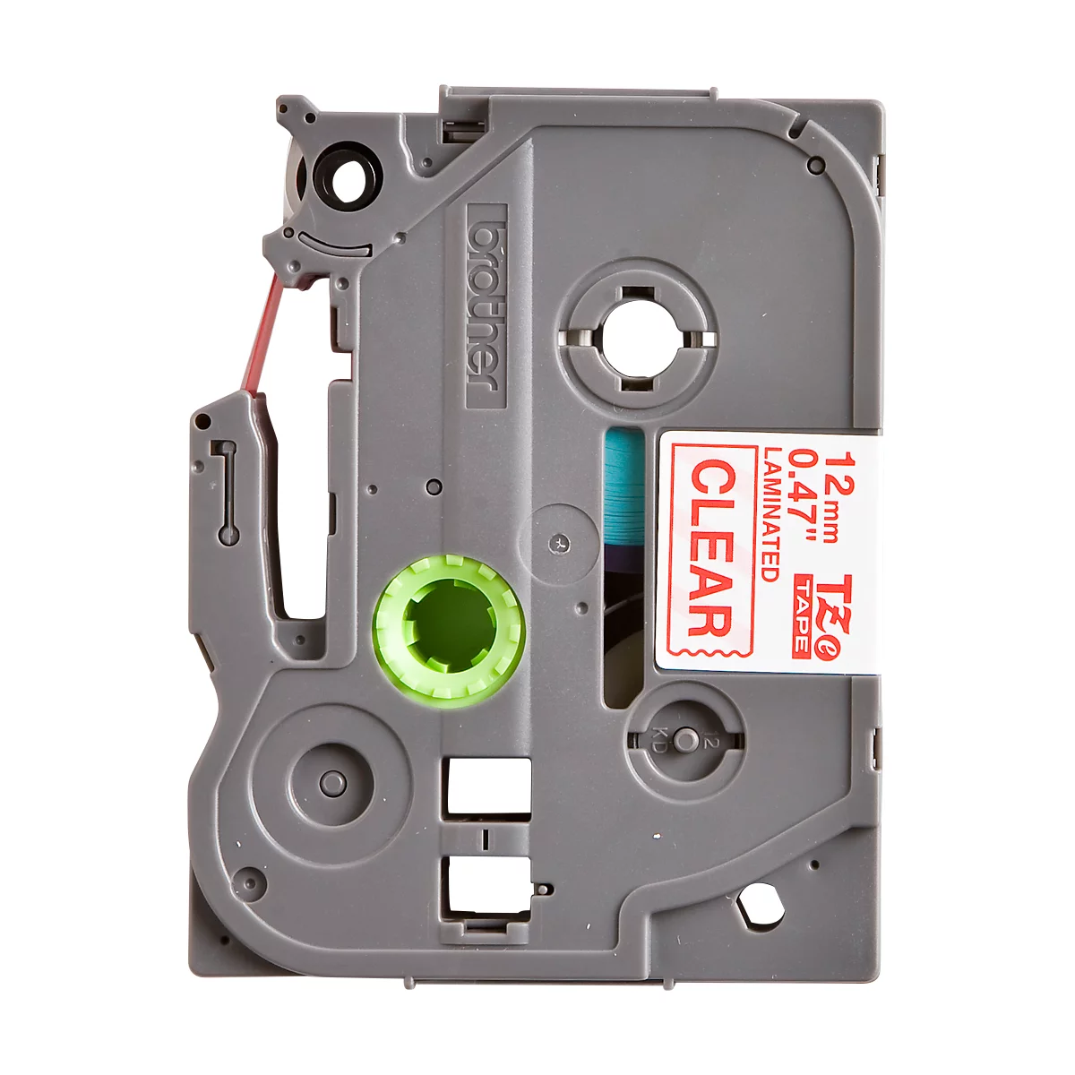 Gray Brother label cartridge with green roller and red "CLEAR" text.