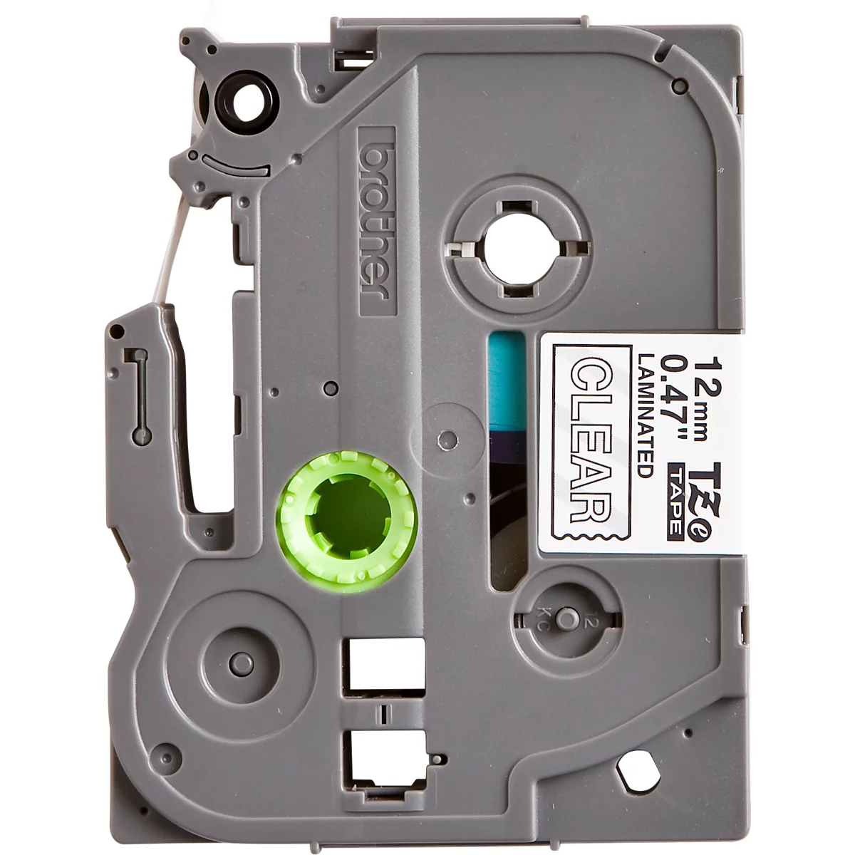 Gray label cassette with green and blue accents. Printed with Brother, 12mm Clear, Laminated Tape.