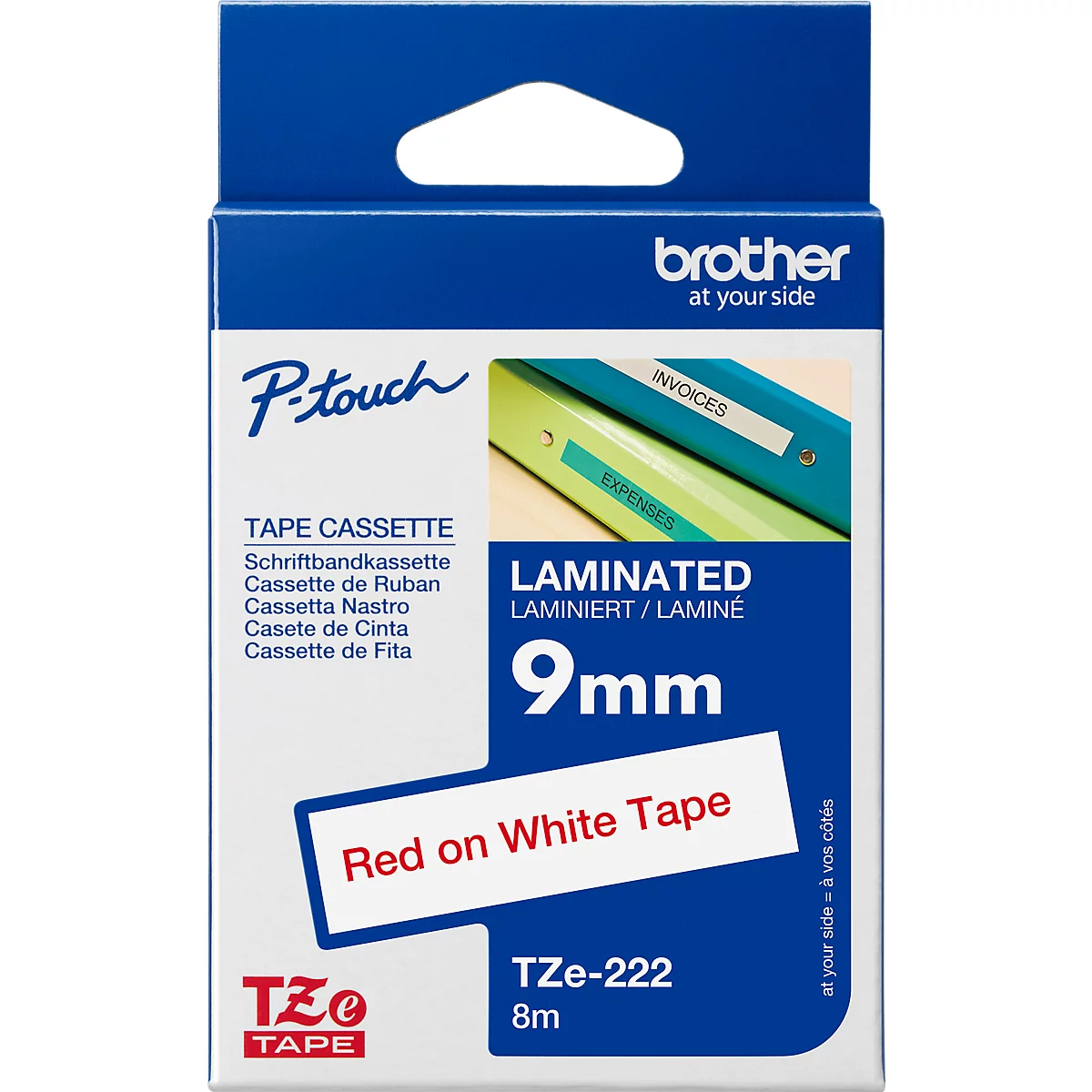 Label cassette packaging, blue and white with red lettering. The manufacturer's name is printed on it, and an example of the label.