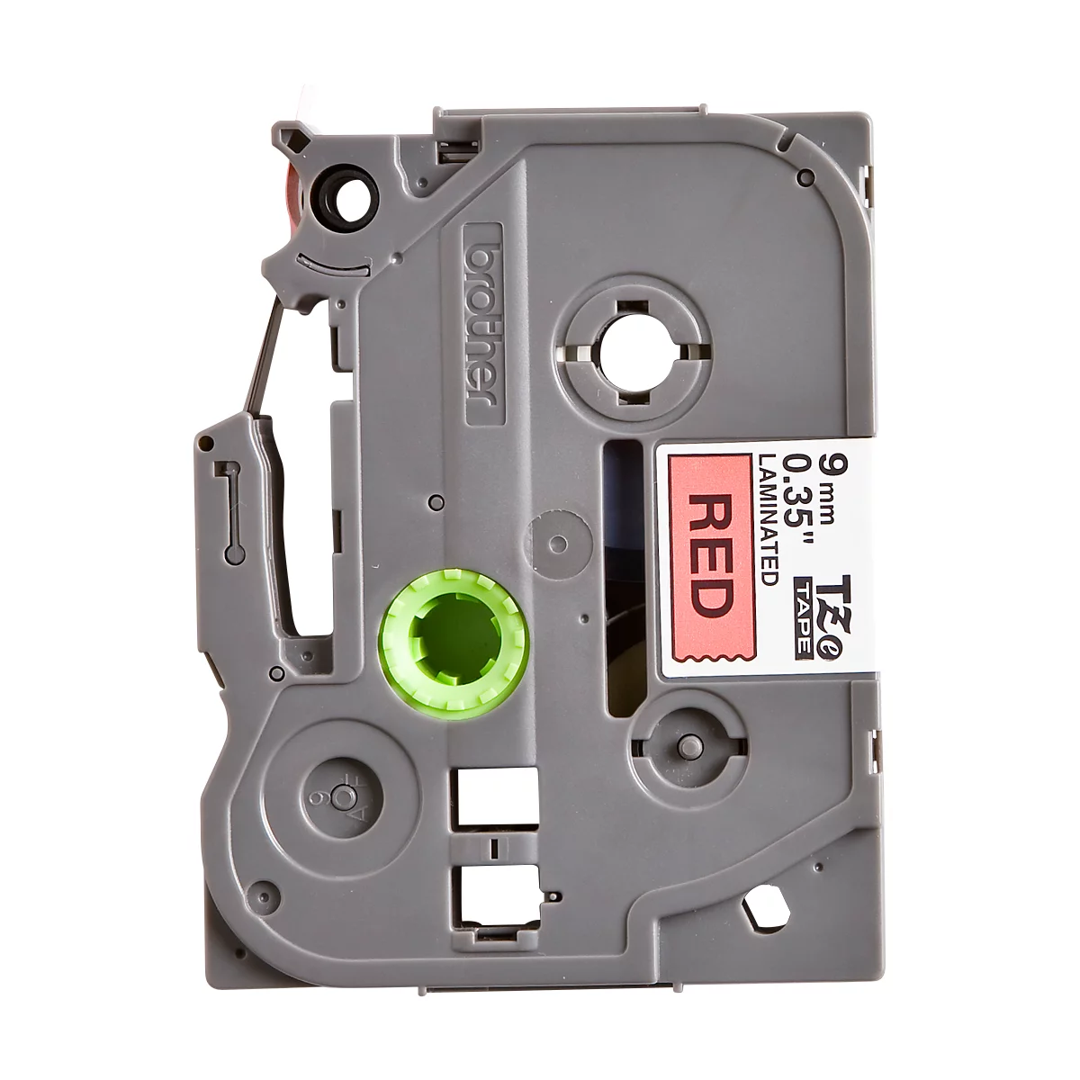 Gray Brother label cassette with a red sticker. The sticker says: RED, 9 mm, 0.35" and LAMINATED.