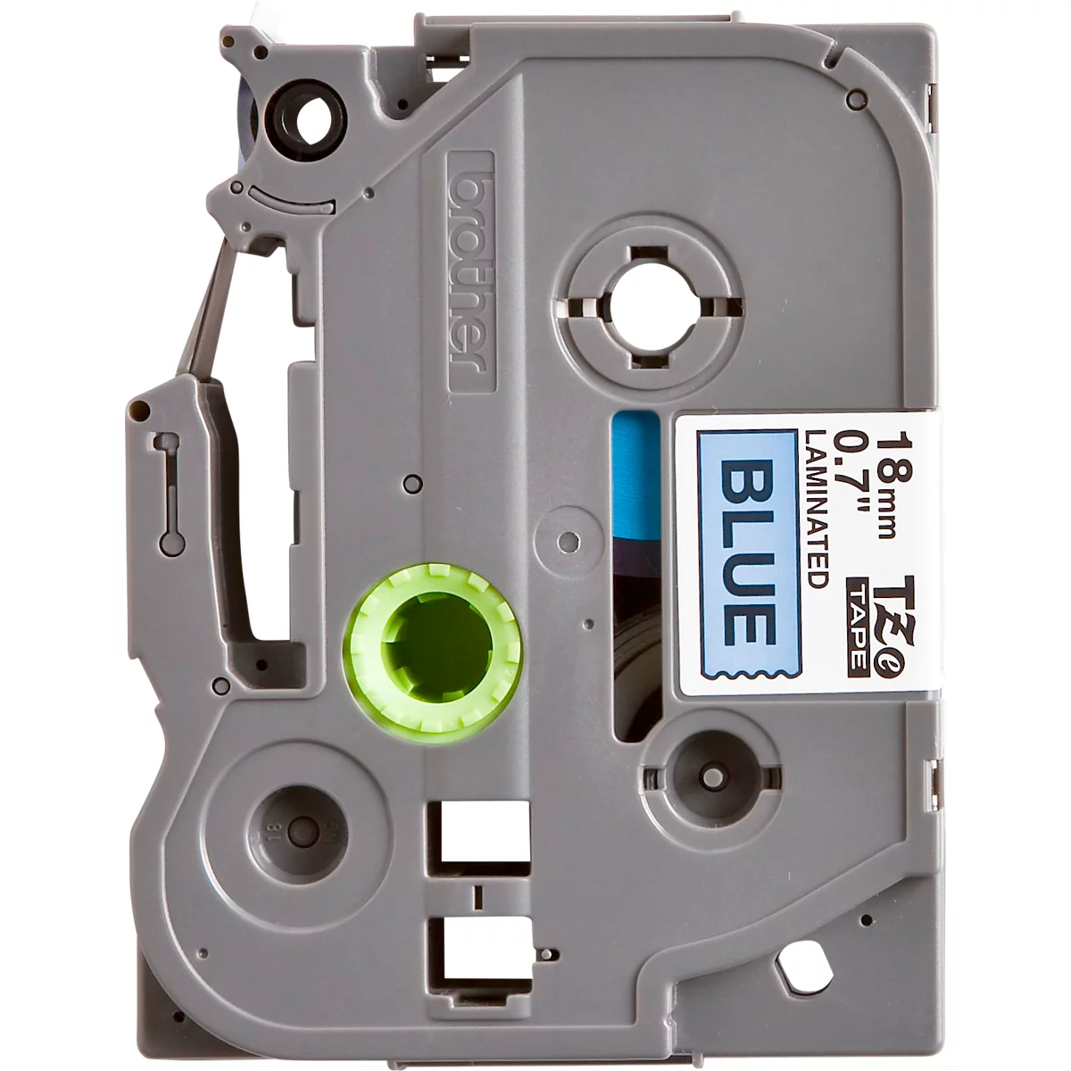 Gray label cassette, blue label with "BLUE" and other information. Brother, TZe Tape.