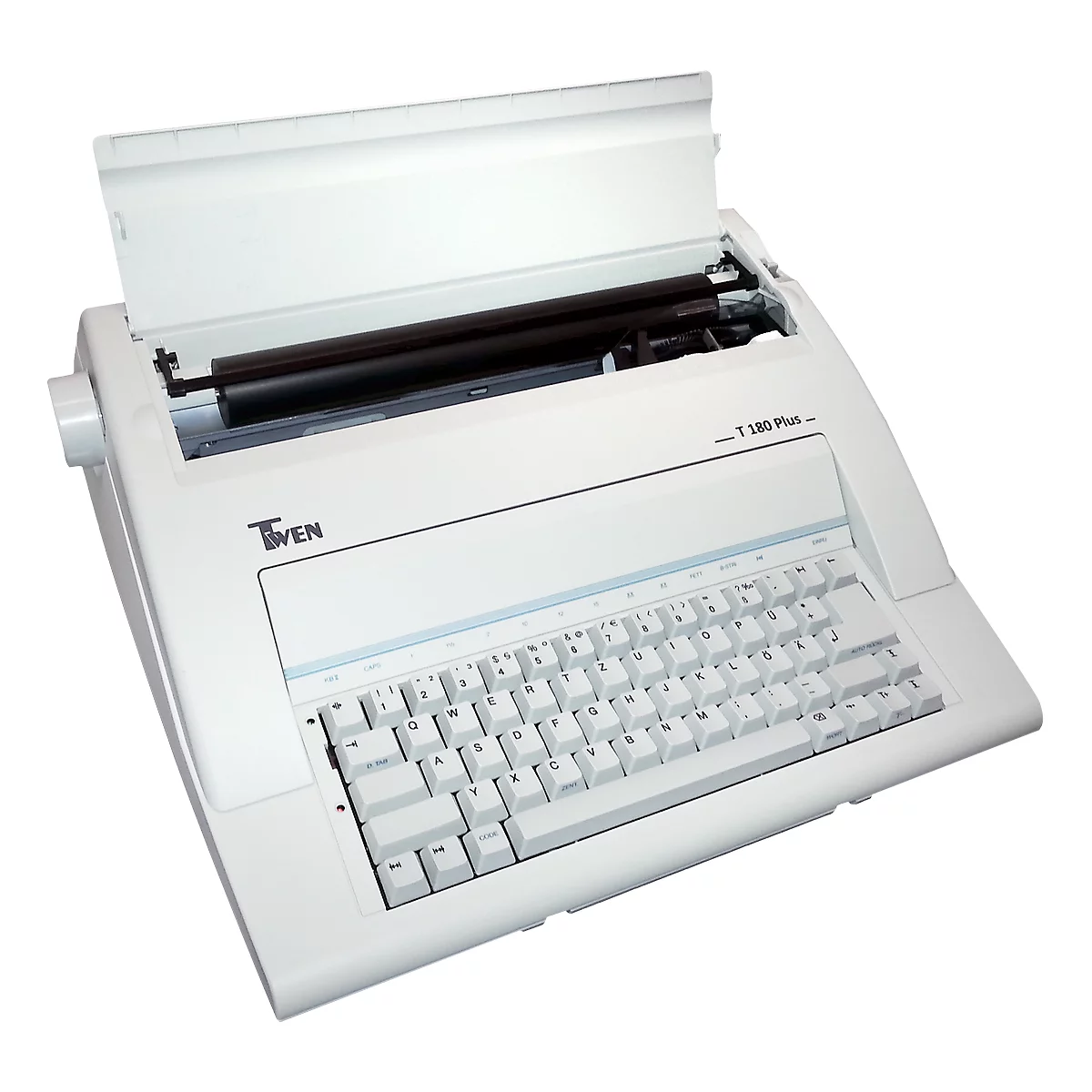 White typewriter with open paper tray. The keyboard and Twen logo are visible.