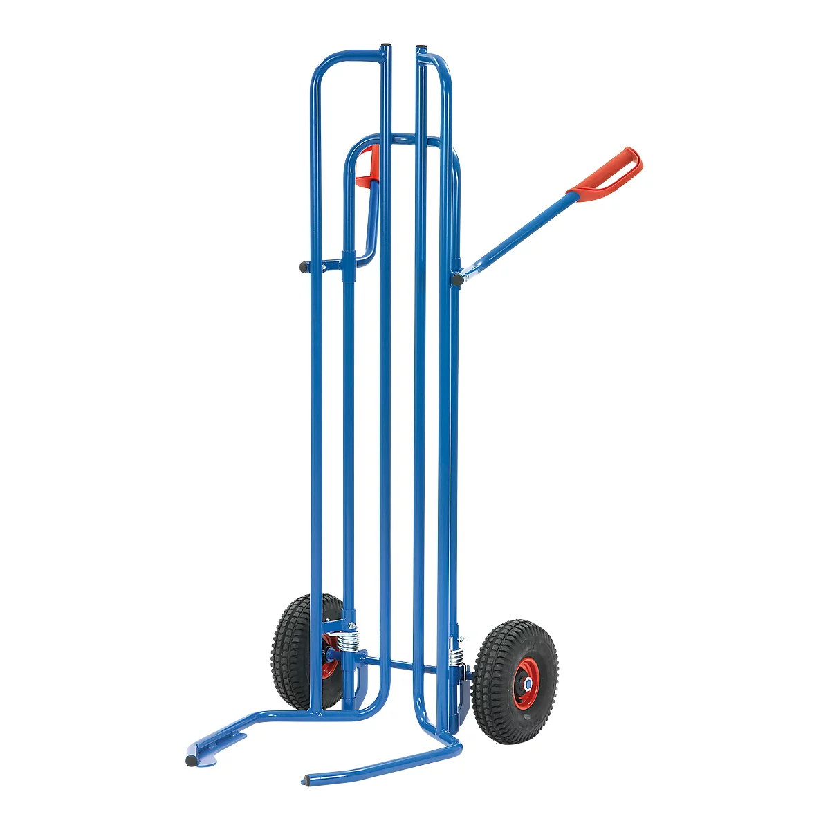 Blue sack truck with red accents and two wheels.