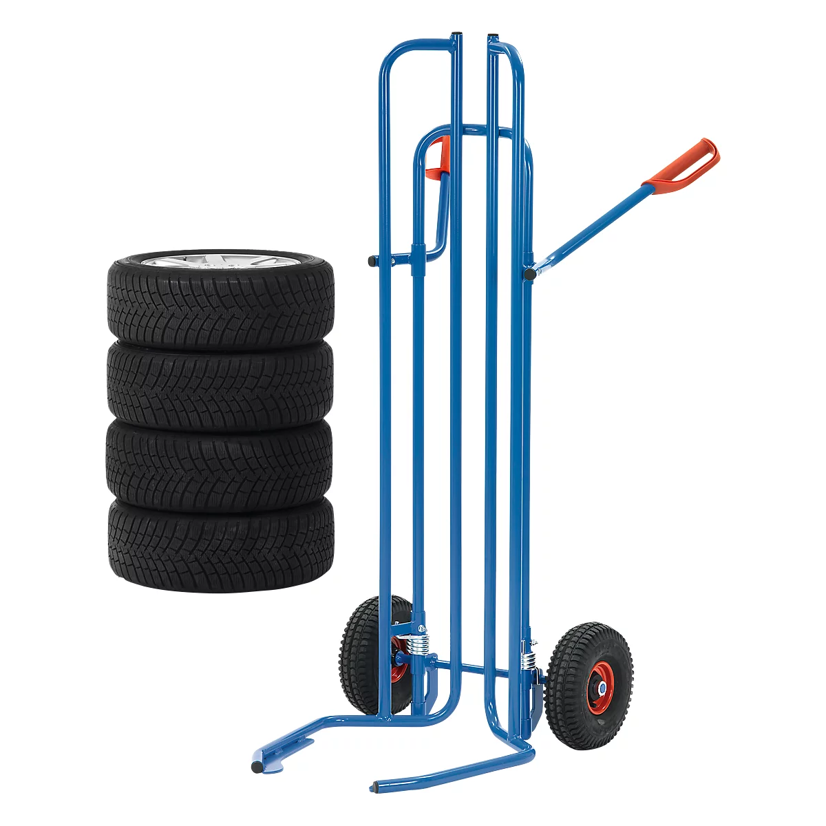 A blue tire cart with four tires, against a white background.