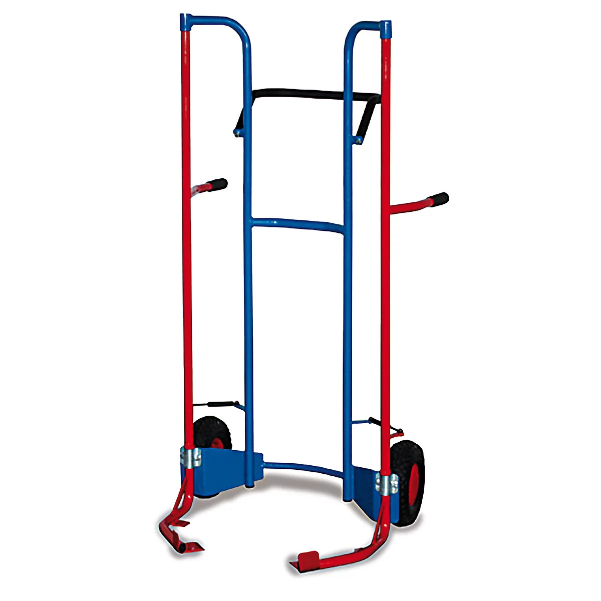 Blue and red transport cart with two wheels and handles.