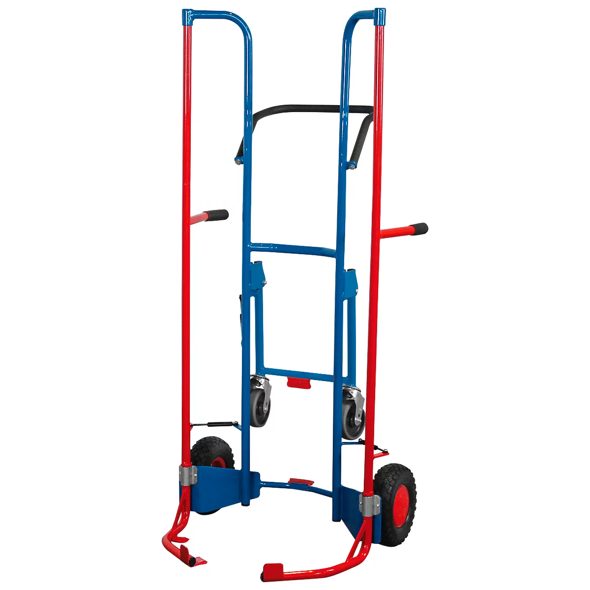 Blue and red stair climber hand truck, on white background. Wheels, handle, and brackets.