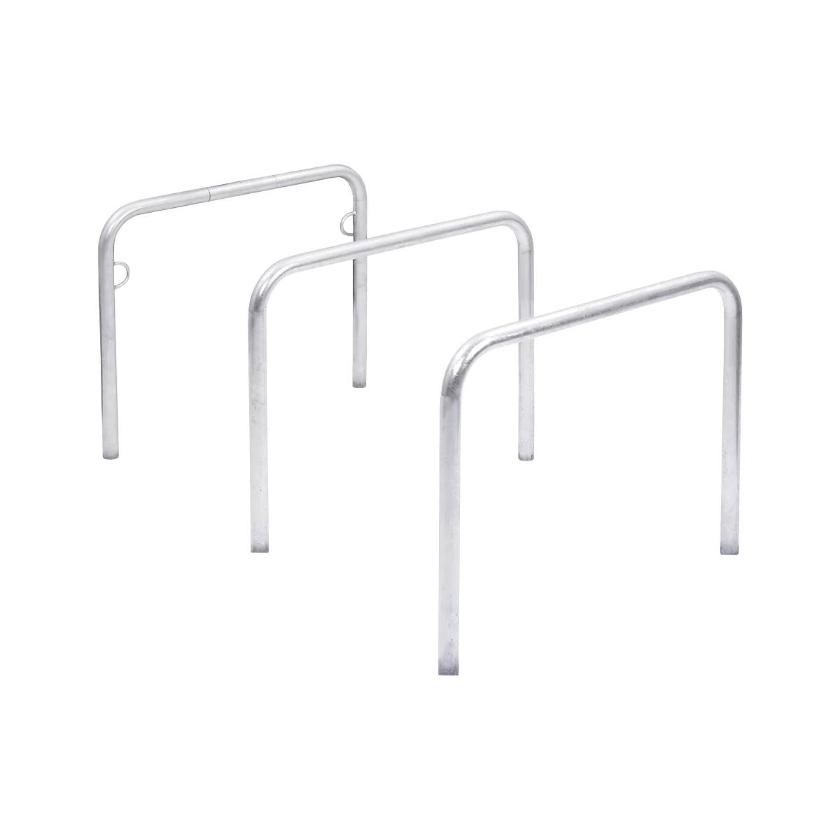 Three silver, curved bike racks against a white background.