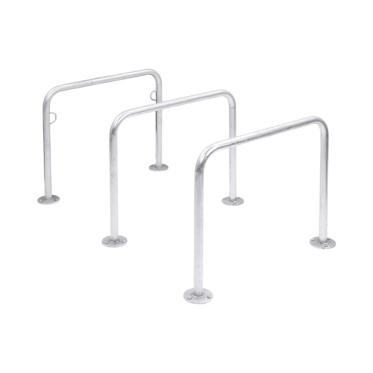 Gray metal bicycle racks, arranged in a triple row, with round base plates, in front of a white background.