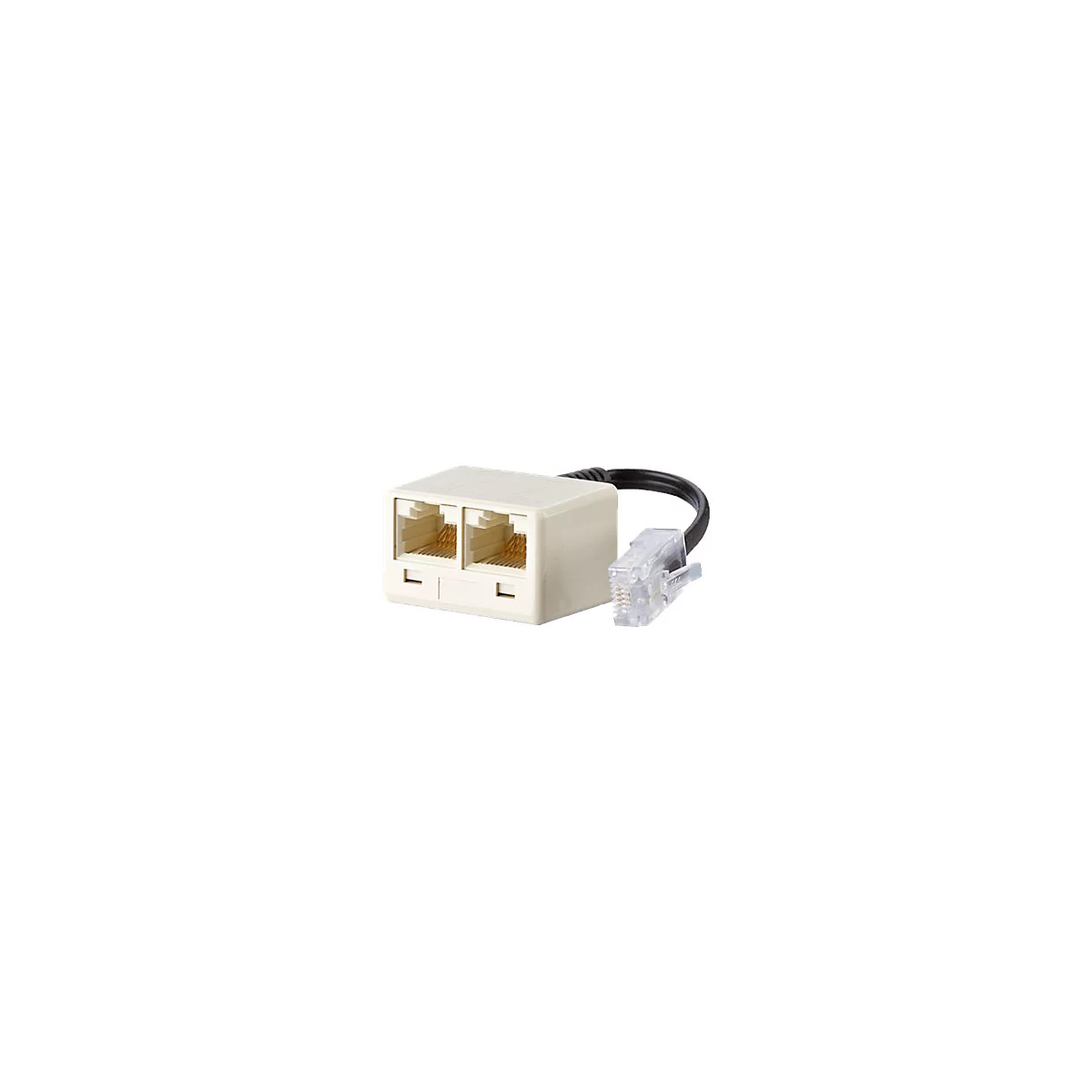 Ein cremefarbenes RJ45-Kabel-Splitter mit zwei AnschlÃ¼ssen und einem schwarzen Kabel. Der Stecker ist transparent.