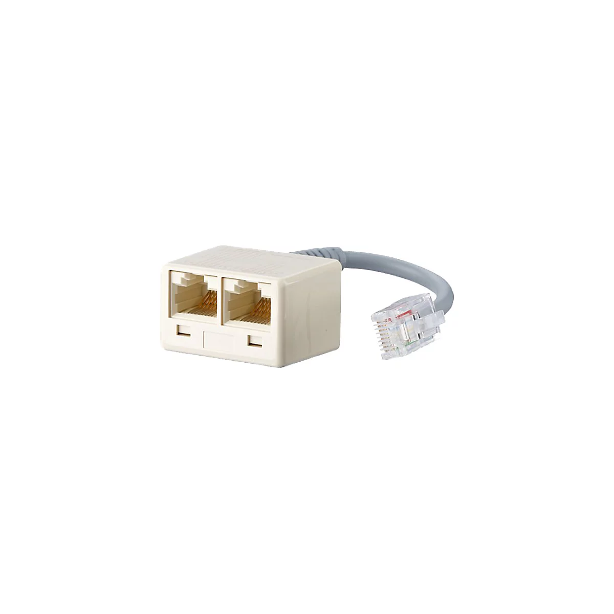 Ein beigefarbener Telefonanschluss-Splitter mit zwei Buchsen und einem grauen Kabel, das zu einem transparenten RJ45-Stecker fÃ¼hrt.