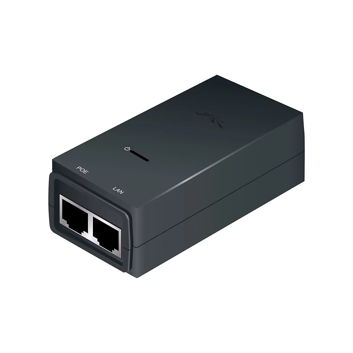 Ein rechteckiger, dunkelgrauer PoE-Adapter. Auf der Oberseite befindet sich ein Einschalt-Symbol und ein Logo. Auf der Vorderseite stehen die Bezeichnungen POE und LAN.