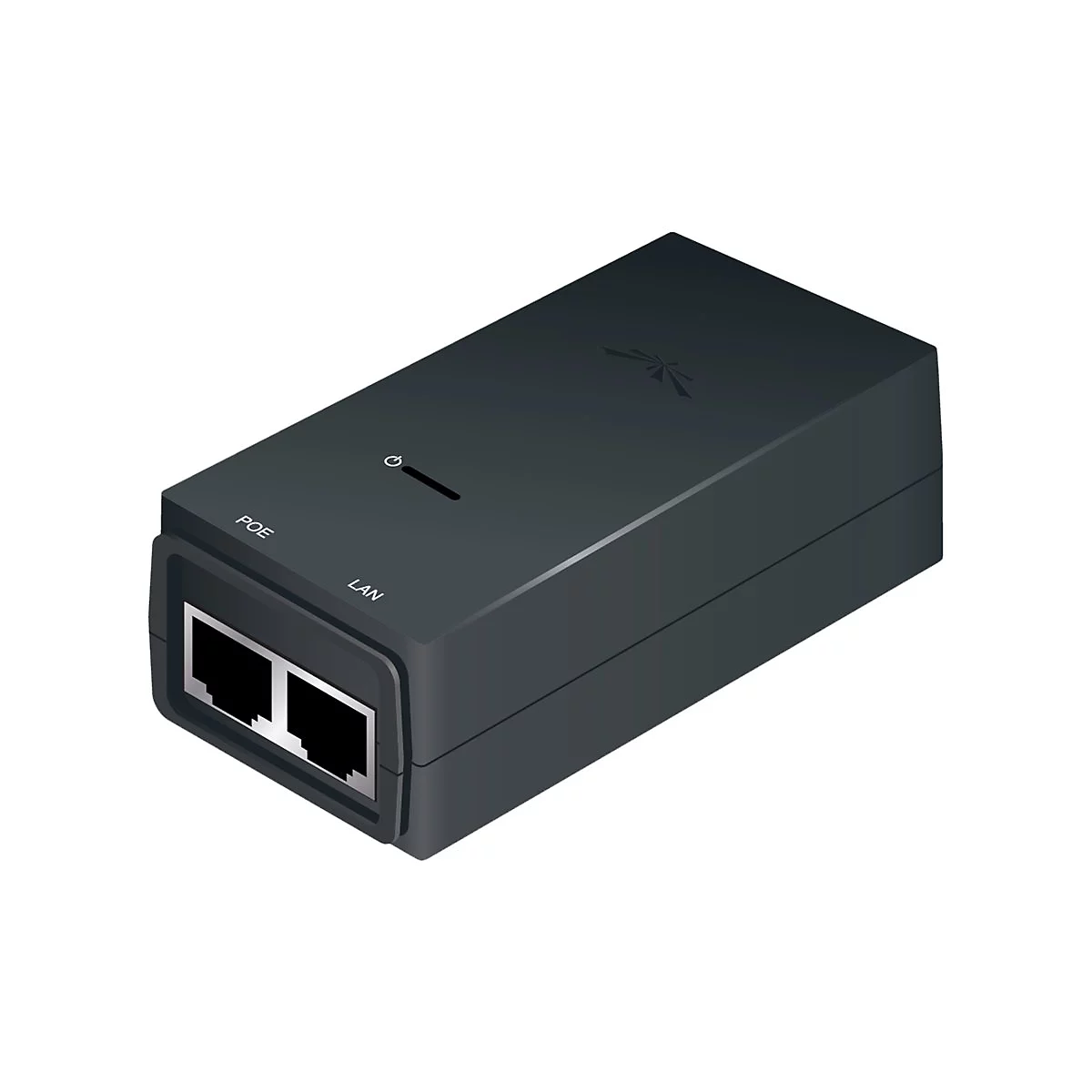 Ein schwarzer PoE-Adapter mit LAN- und PoE-Anschlüssen, einem Ein/Aus-Symbol und dem Logo des Herstellers.