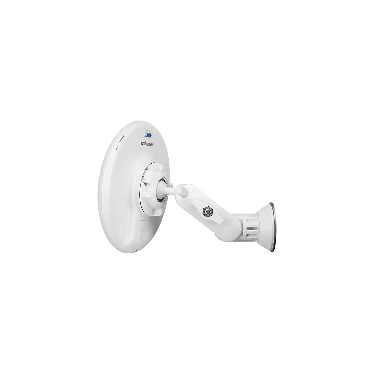 WeiÃŸes Funkmodul mit Antenne, an Halterung befestigt. Rechts daneben Halterung mit Schraube und weiÃŸem Knauf.