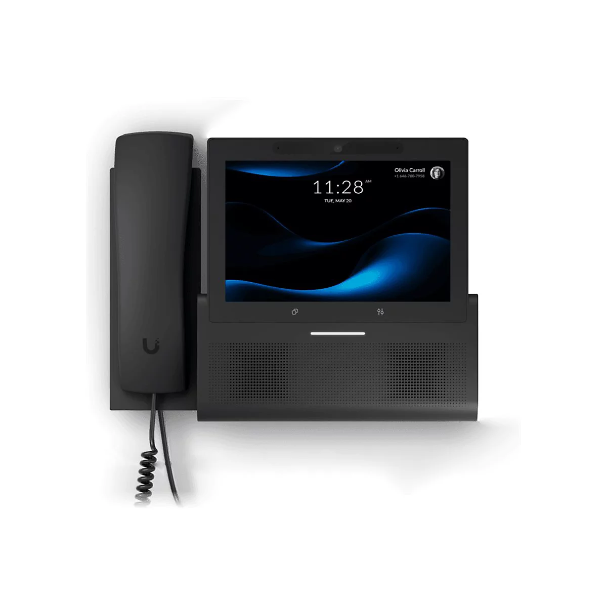 Schwarzes Videotelefon an der Wand. Bildschirm mit Uhrzeit, Datum und einem Profilbild. Hörer links.