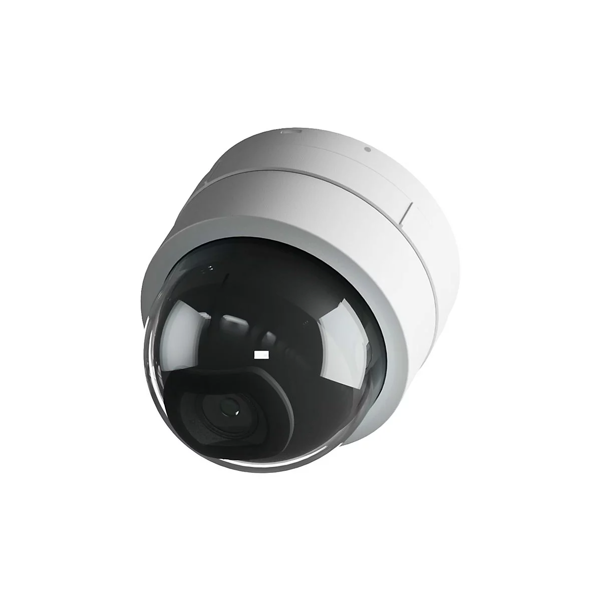 Eine weiÃŸe Dome-Ãœberwachungskamera mit einem transparenten, gewÃ¶lbten GehÃ¤use und einer schwarzen Kamera.
