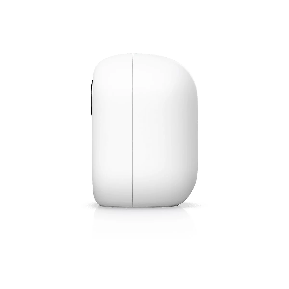 Weißes, abgerundetes Gerät, dessen Seite durch eine dunkle Linie geteilt ist. Minimalistisches Design, glatte Oberfläche.