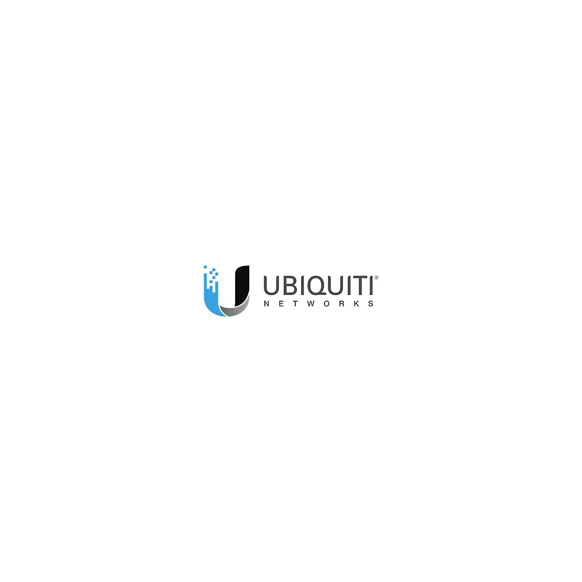 Logo von Ubiquiti Networks: U-förmiges Symbol mit blau-pixeligem Element, gefolgt vom Schriftzug "UBIQUITI NETWORKS".