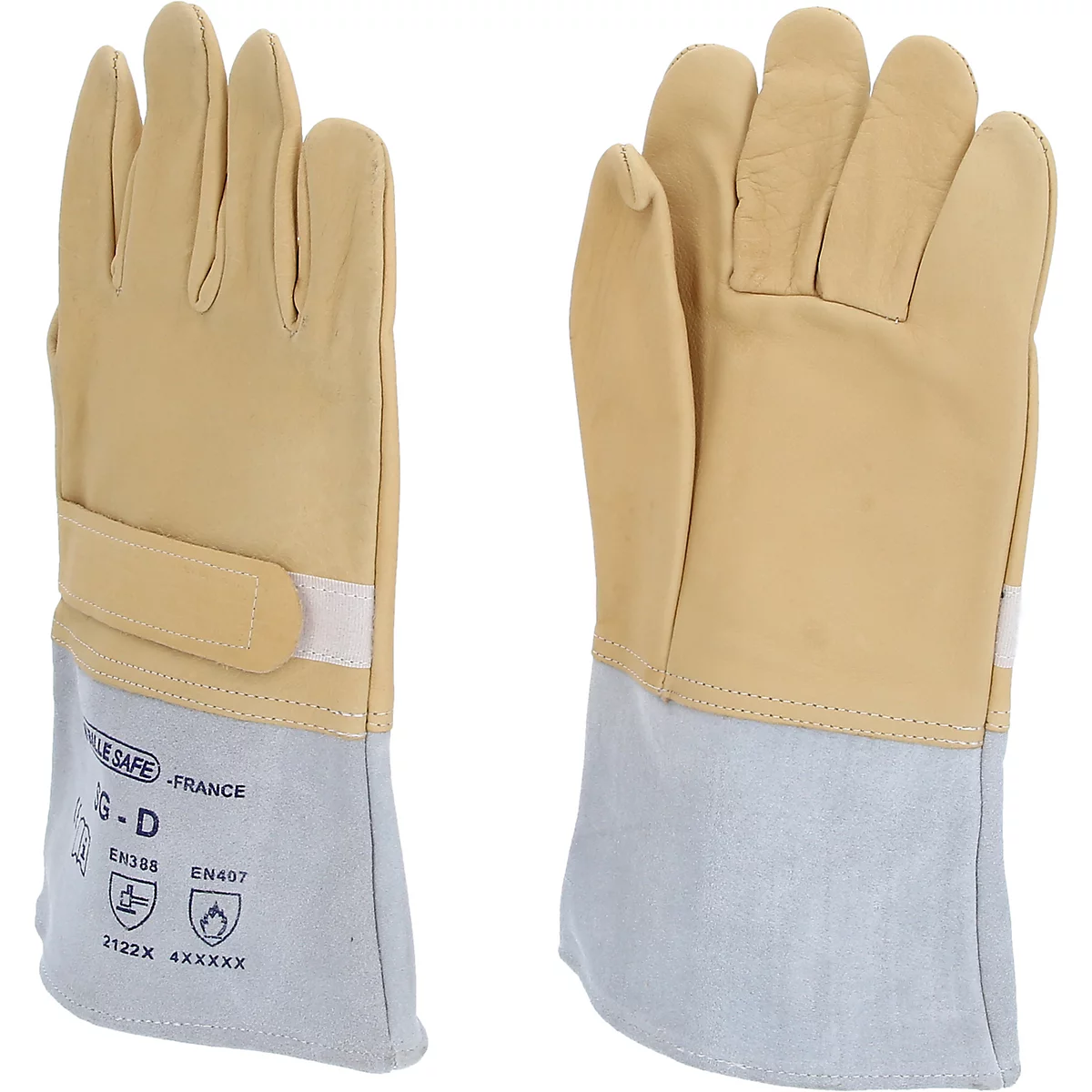 Zwei Arbeitshandschuhe aus Leder, beige und grau. Auf dem linken Handschuh ist ein Klettverschluss. Auf dem Handgelenk befinden sich Symbole.