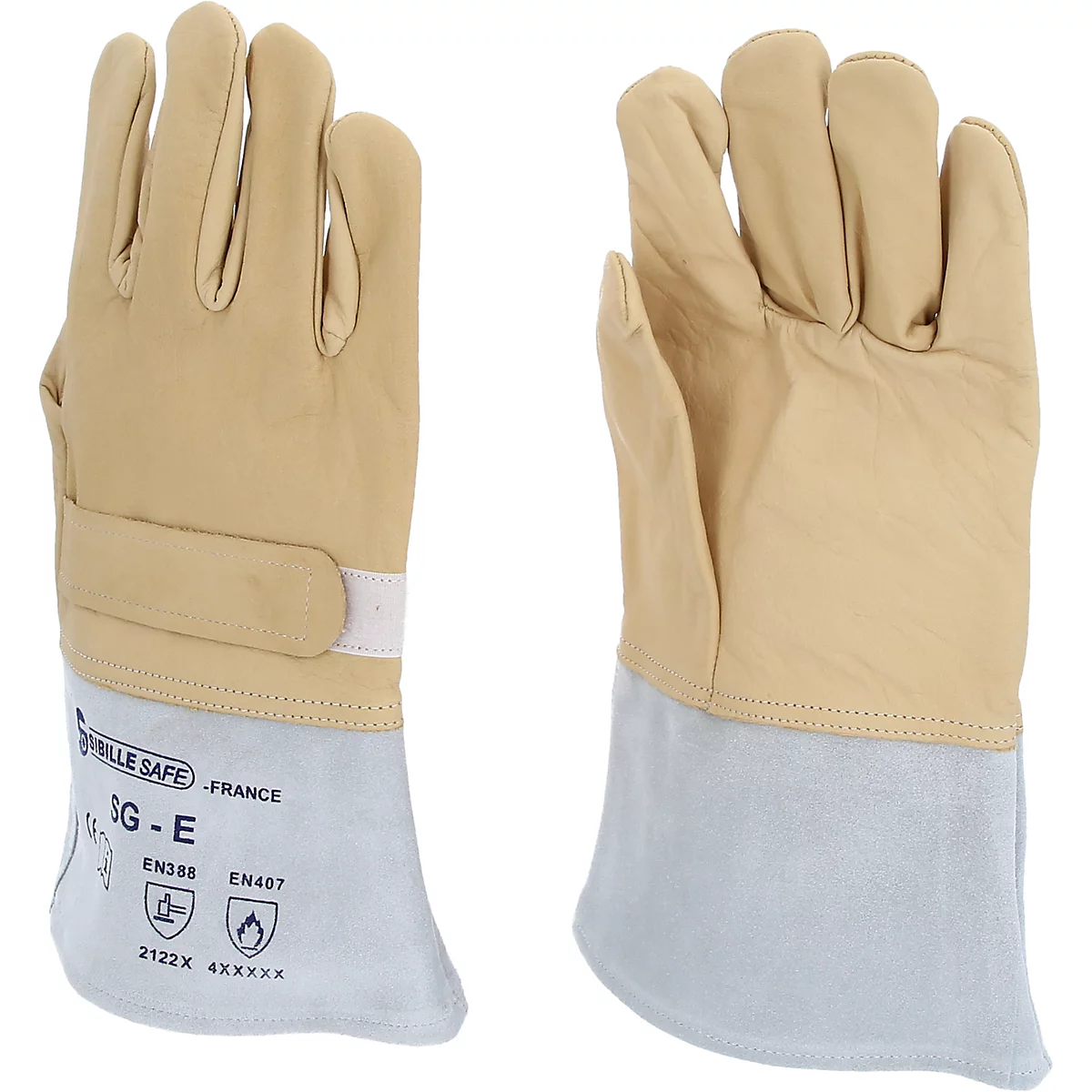 Zwei Schutzhandschuhe, beige Leder mit hellgrauen Stulpen. Aufschrift: "VILLE SAFE - FRANCE", Symbole.